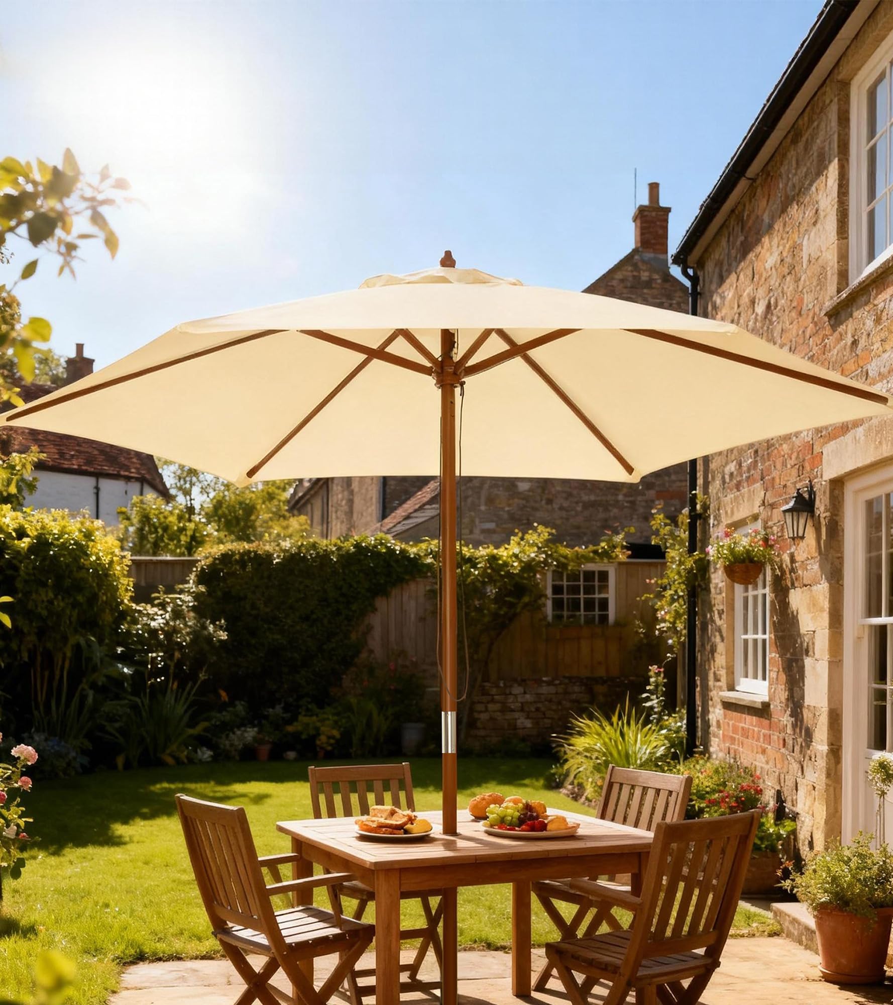 Outsunny Ombrellone da Giardino 2.5x2.3m, Ombrellone Parasole a 6 Stecche in Legno e Poliestere, Beige