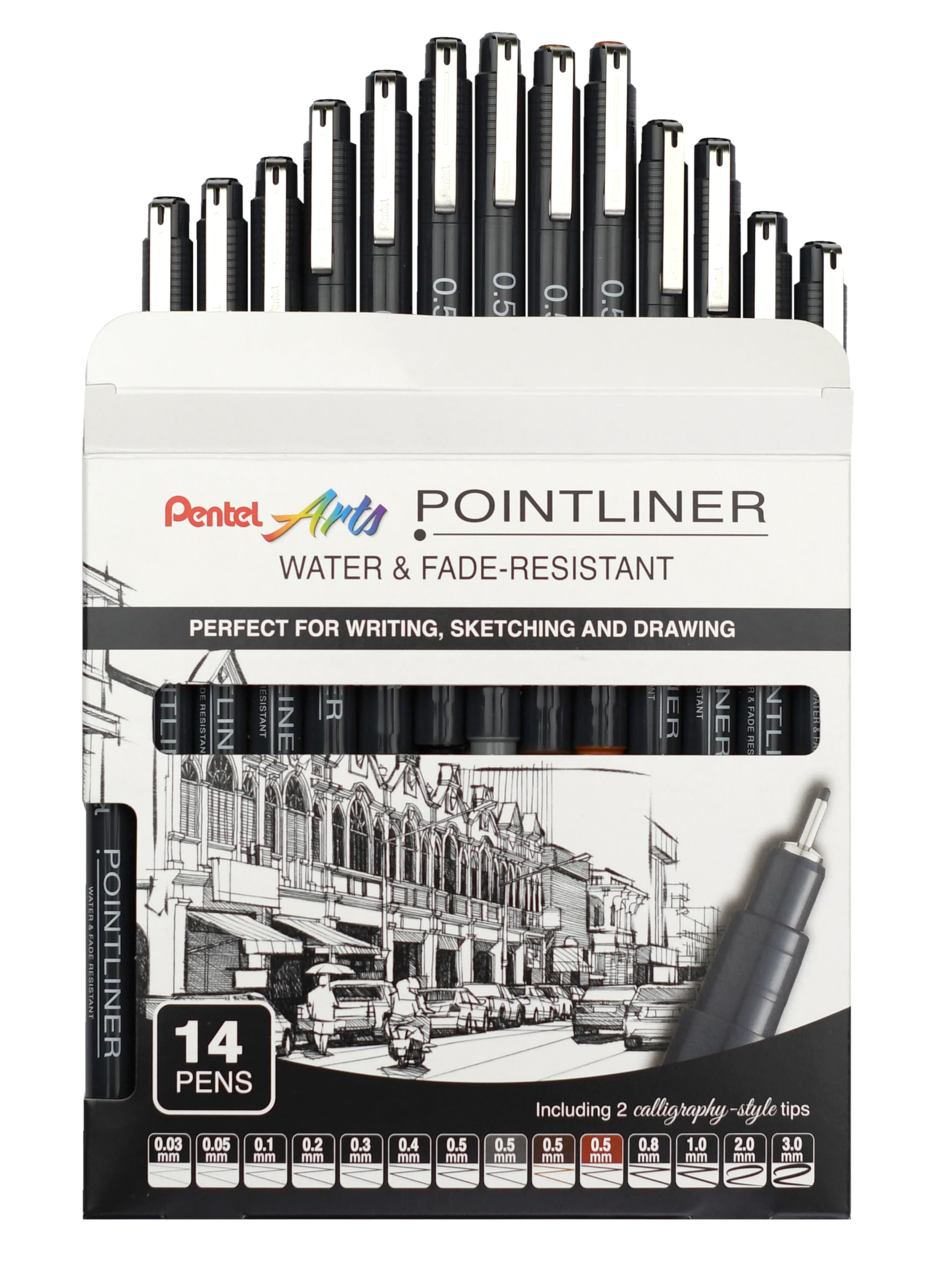 Pentel Pointliner YS20P-14, 14er Set Fineliner, wasserfest und lichtecht, 0,03-3,0 mm, VE=6 Sets