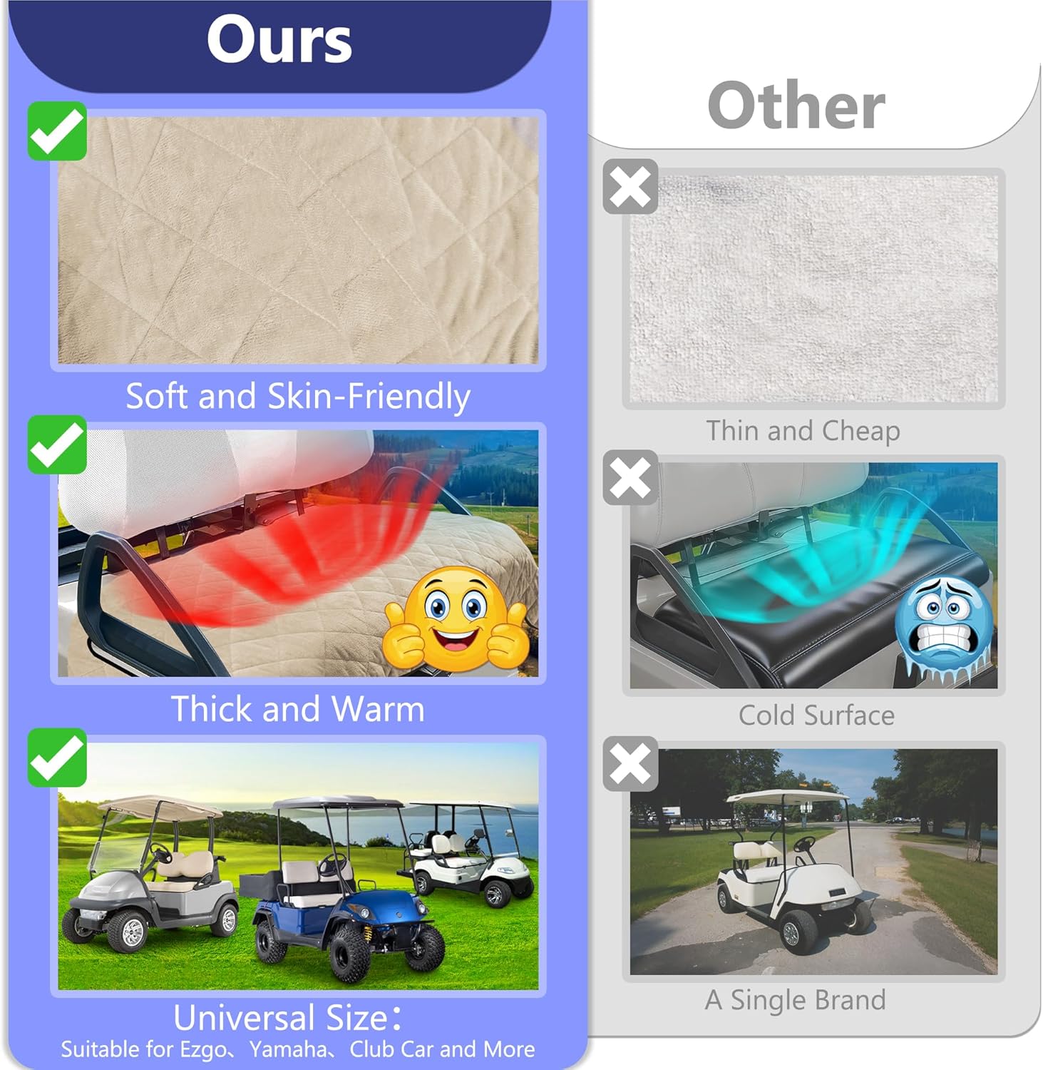 YOKYHOM Golf Cart Seat Covers for 2 & 4 Passenger Carts, Thick Short Plush with Non-Slip Backing, Ultra Soft Seat Towel Blanket, Fits EZGO, Club Car, Yamaha, 51"x30.5", Khaki - Image 4