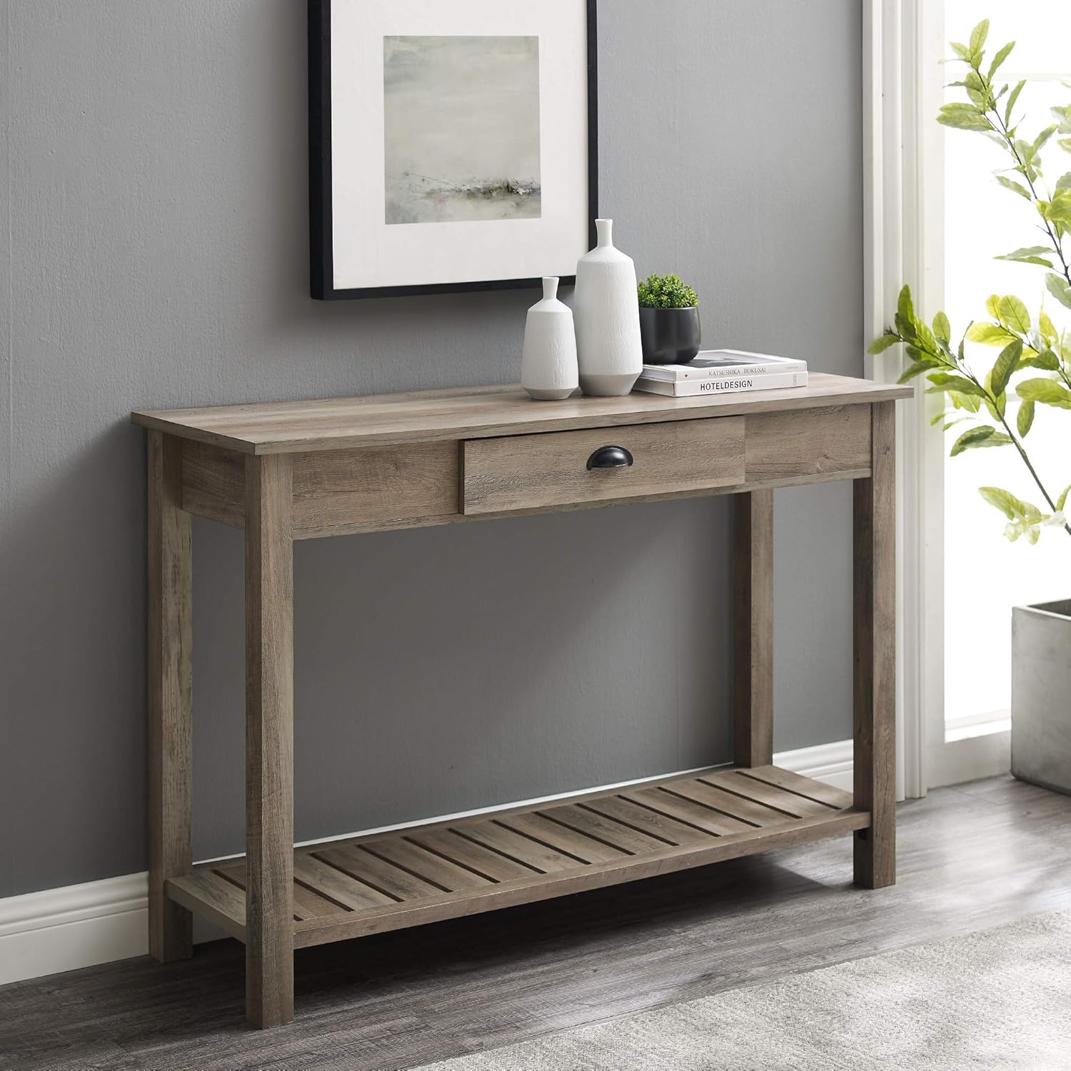 Walker Edison Rustic Wood Farmhouse Entryway Accent Storage Drawer Entry Living Room End Table, 48 Inch, Grey Wash: Furniture & Decor