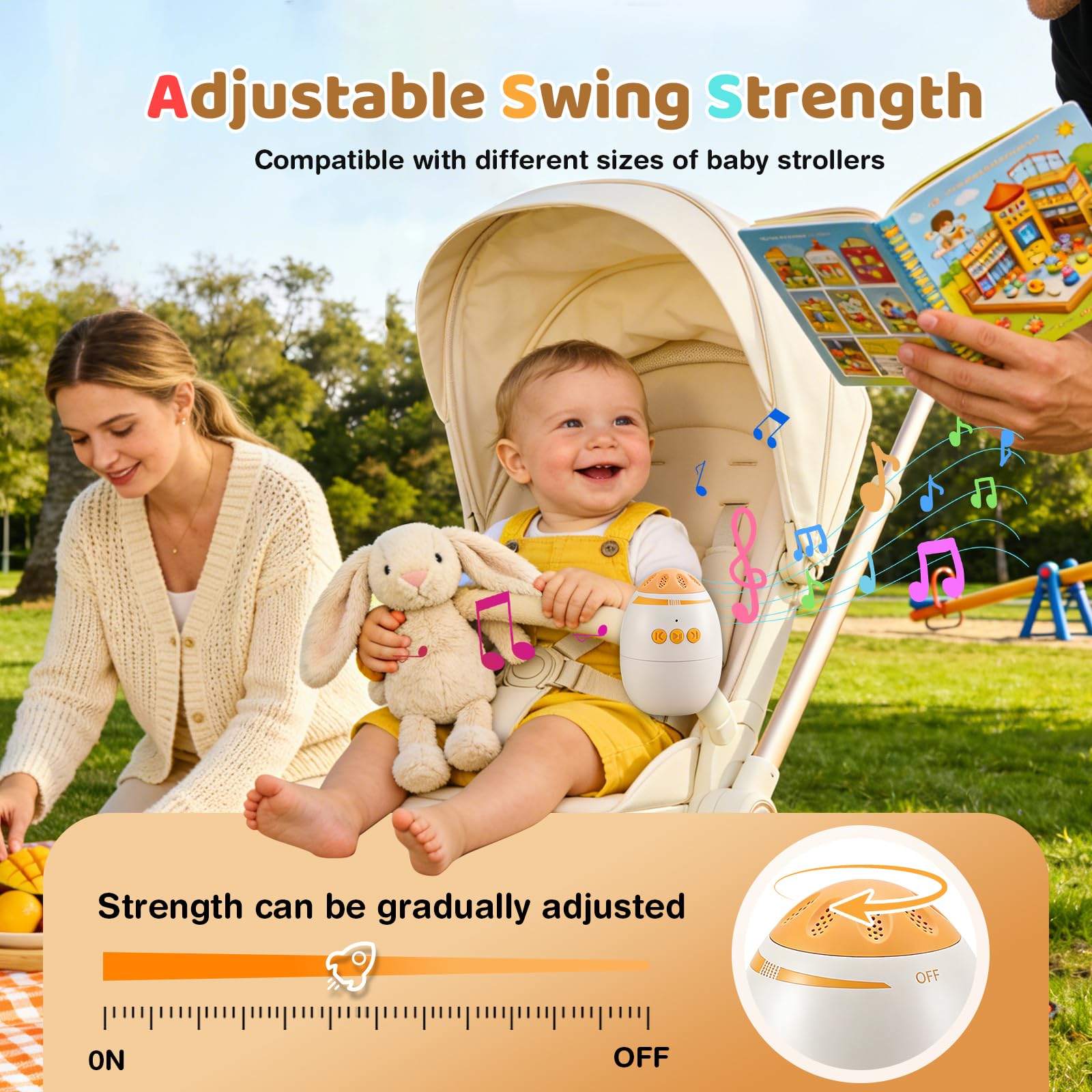 Berceur bébé Rechargeable avec Minuterie 45 Min, Portable Aide au Sommeil de Bébé Berce pour Toute Poussette Cane nacelle Landau, Vitesse Réglable