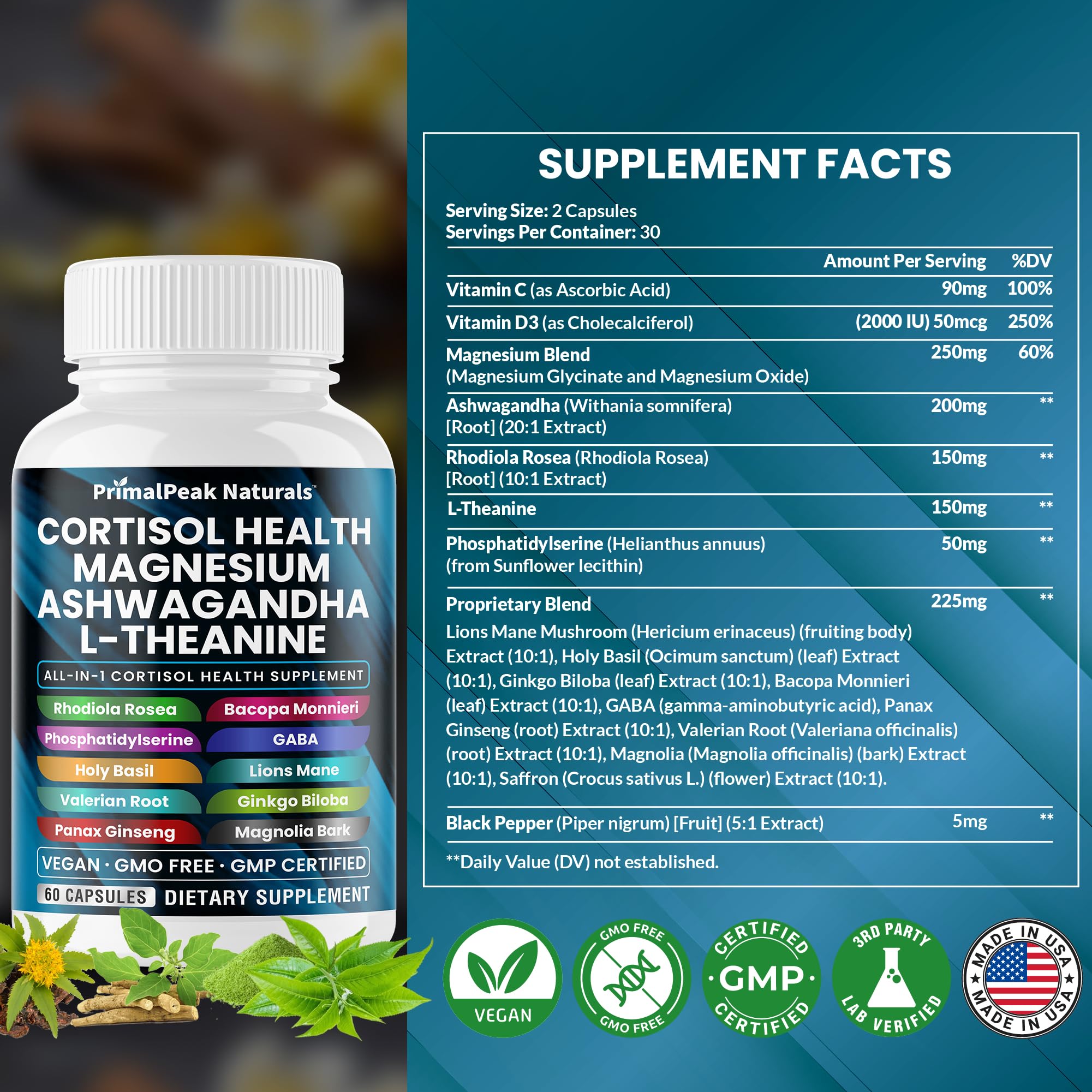 Cortisol Supplements for Women and Men with Magnesium, Ashwagandha, Rhodiola Rosea, L-Theanine for Cortisol Reducer, Stress Relief and Sleep Support Vegan Capsules - 60 Count — Amazon image 3