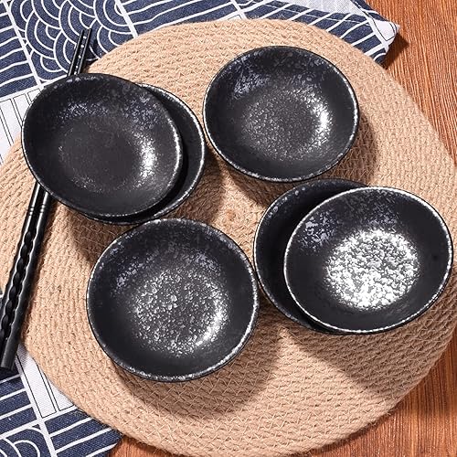 Miniatura 7 de Juego de 6 platos de salsa de soja negra de 3.8 pulgadas, platos de cerámica para sushi de estilo japonés, aptos para microondas y lavavajillas,