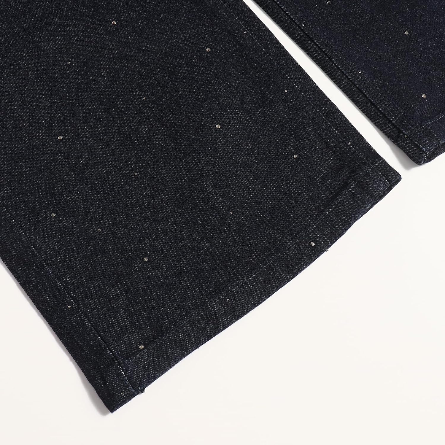 Women's Dark Wash High Waist Wide-Leg Jeans - Rhinestone Studded Denim Cropped Pants