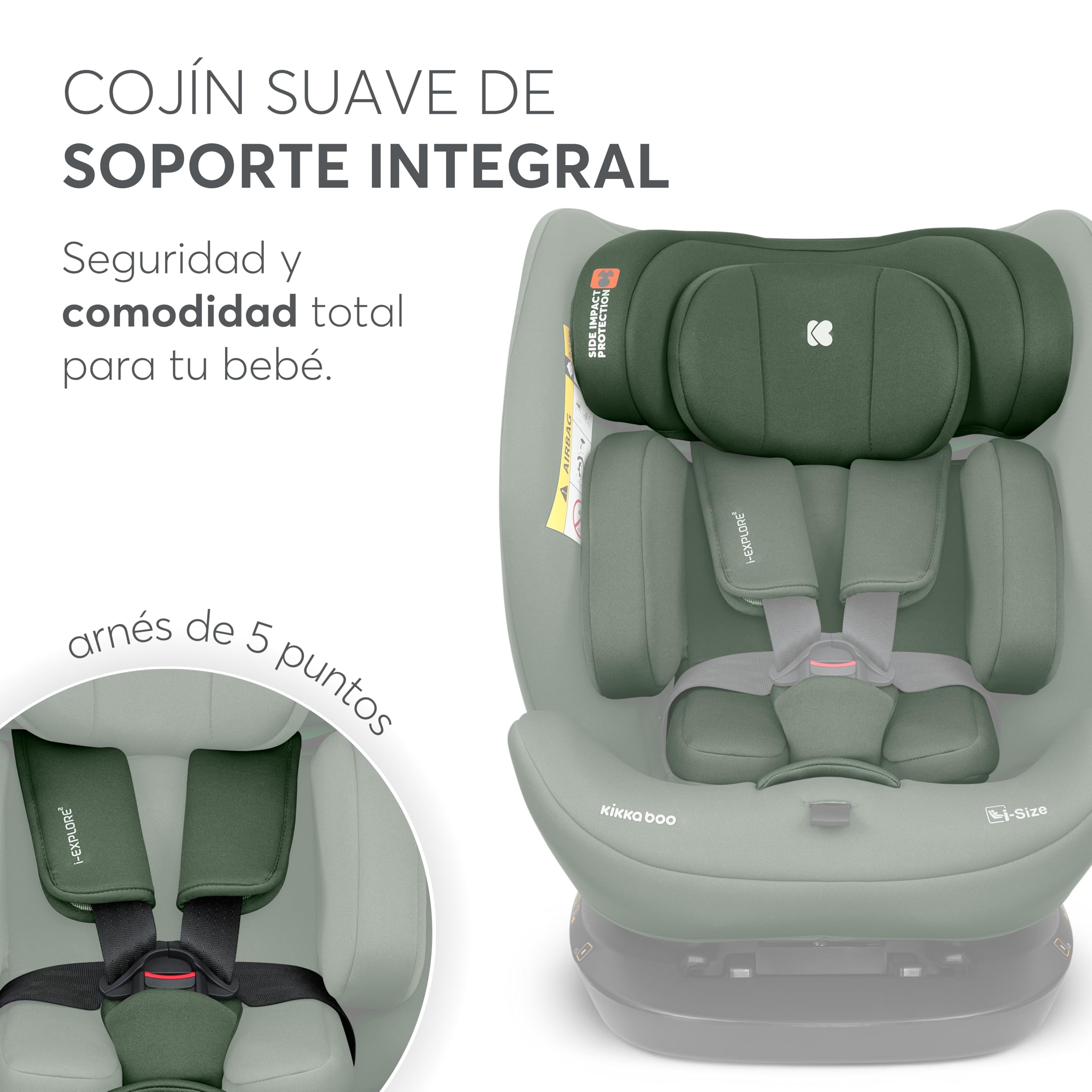 KikkaBoo Silla Coche Bebé i-EXPLORE 2, Grupo 0 1 2 3, i-Size 40-150 cm, Reclinable, 0-12 Años, Reposacabezas 14 Posiciones, Cojín y Arnés 5 Puntos, Army Green