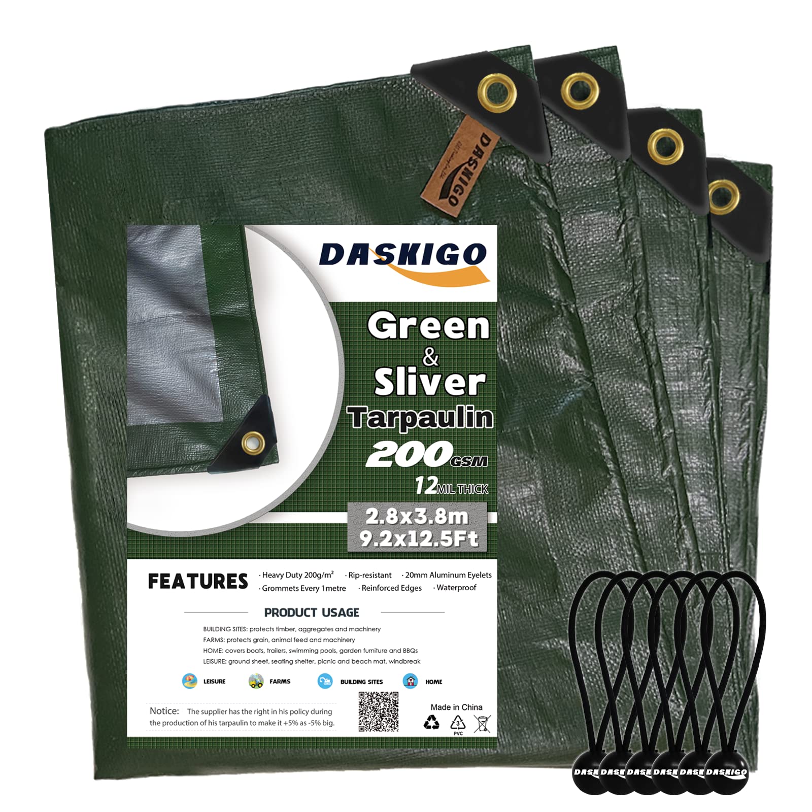 10 x 13Ft Extra Heavy Duty 12 Mil Thick Waterproof Green&Silver