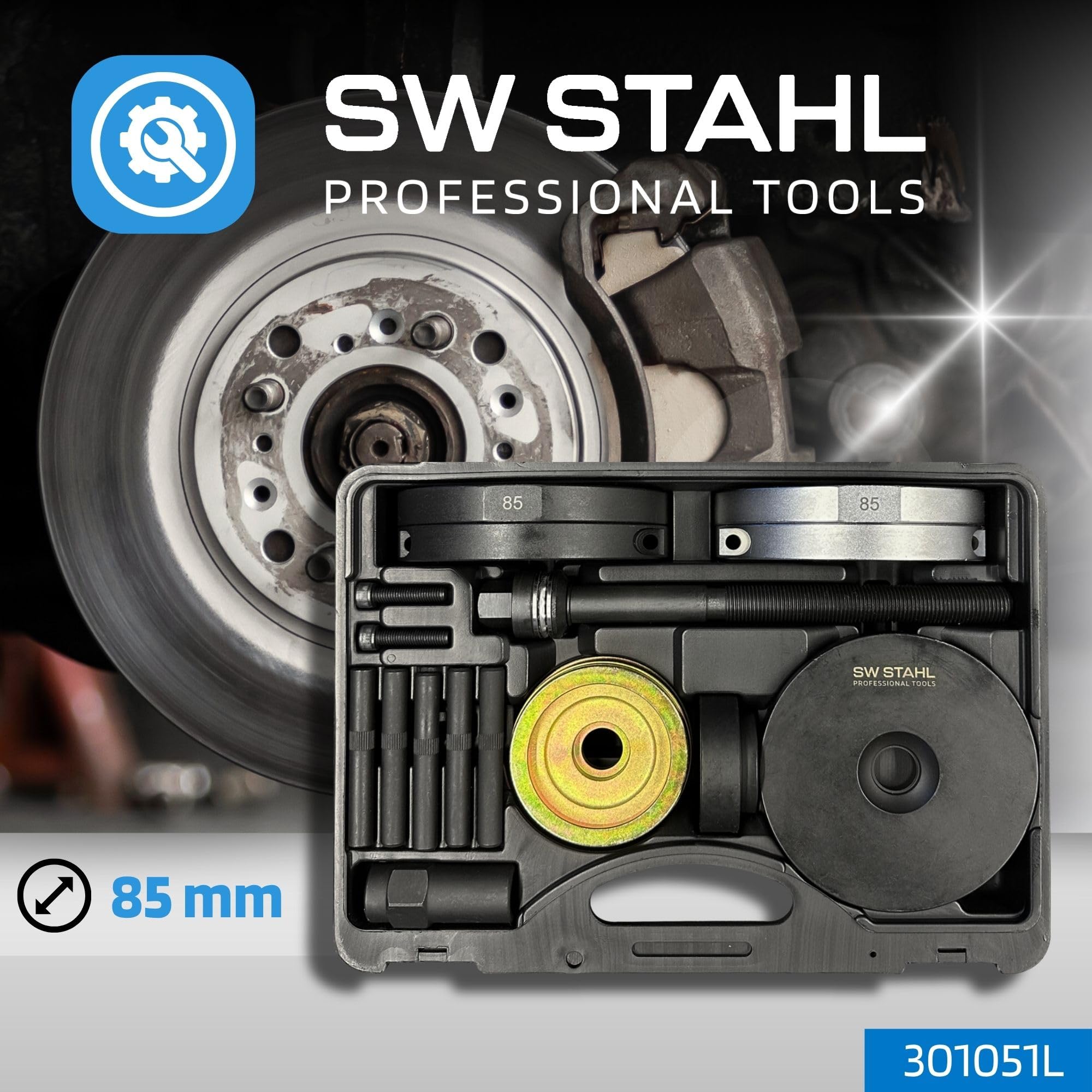 SW-Stahl 301051L Kompaktlager Werkzeugsatz - Radlager-Werkzeug Ø 85 mm | 16-teiliges Profi-Set für VW T5, T6 und Touareg - Zum Ein- und Ausbau von Lager- und Nabeneinheit an Vorder- und Hinterachse