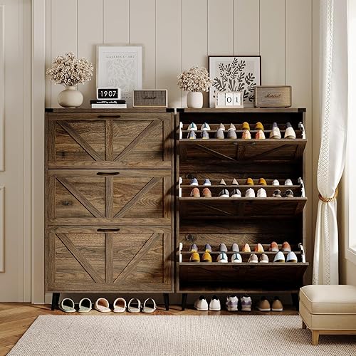 Miniatura 56 de Zapatero con 2 cajones abatibles y almacenamiento abierto, armario de almacenamiento de zapatos de granja para entrada, estante organizador estrecho