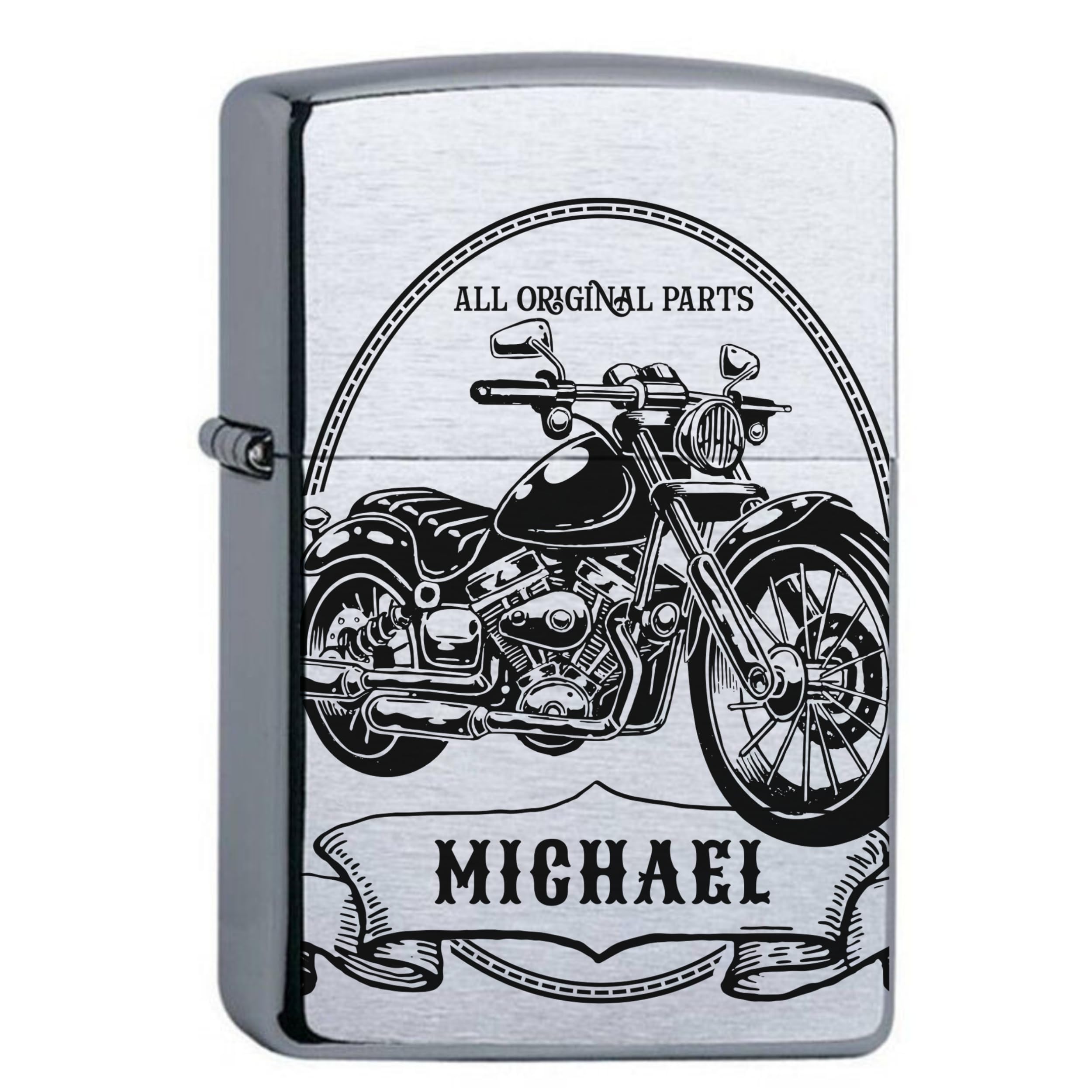 Zippo Benzinfeuerzeug mit Gravur Motorrad personalisiert mit Name für Motorradfahrer Biker Chopper Sturmfeuerzeug Chrome Brushed Geschenk (Motiv 1: Bike)