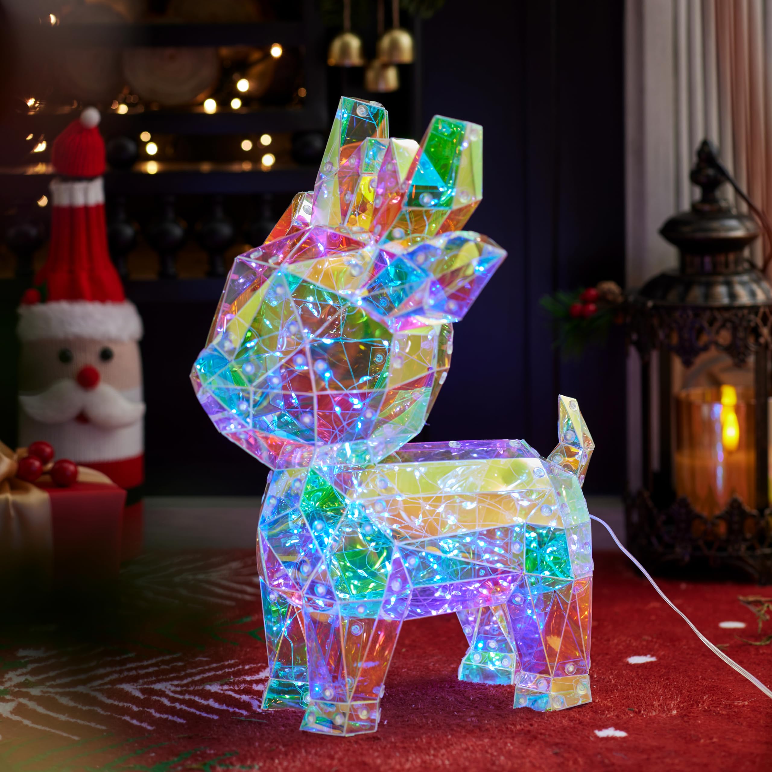 JOIEDOMI Lighted Prismatic Iridescent Christmas Decorations with LED Lights, USB Powered Indoor Christmas Decoration, 15 inch Iridescent Xmas Decor for Party Holiday Desktop, Multicolor Reindeer