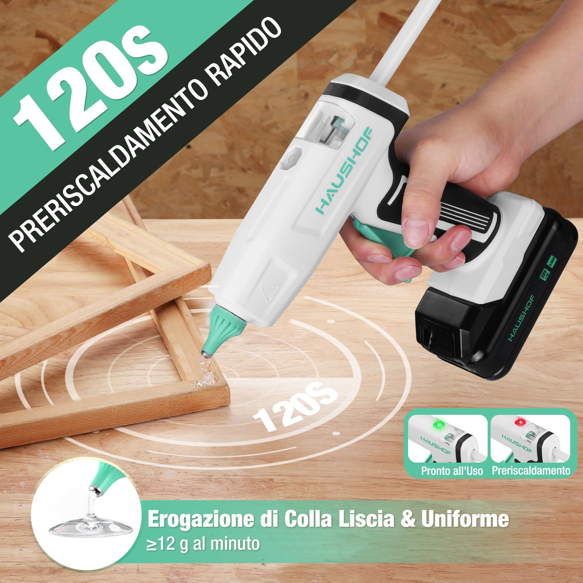 HAUSHOF Pistola per Colla a Caldo Senza Fili da 20V con Batteria e Caricatore, 20 Stick di Colla 11x150 mm, Spegnimento Automatico e Riscaldamento Rapido per Fai da Te, Artigianato