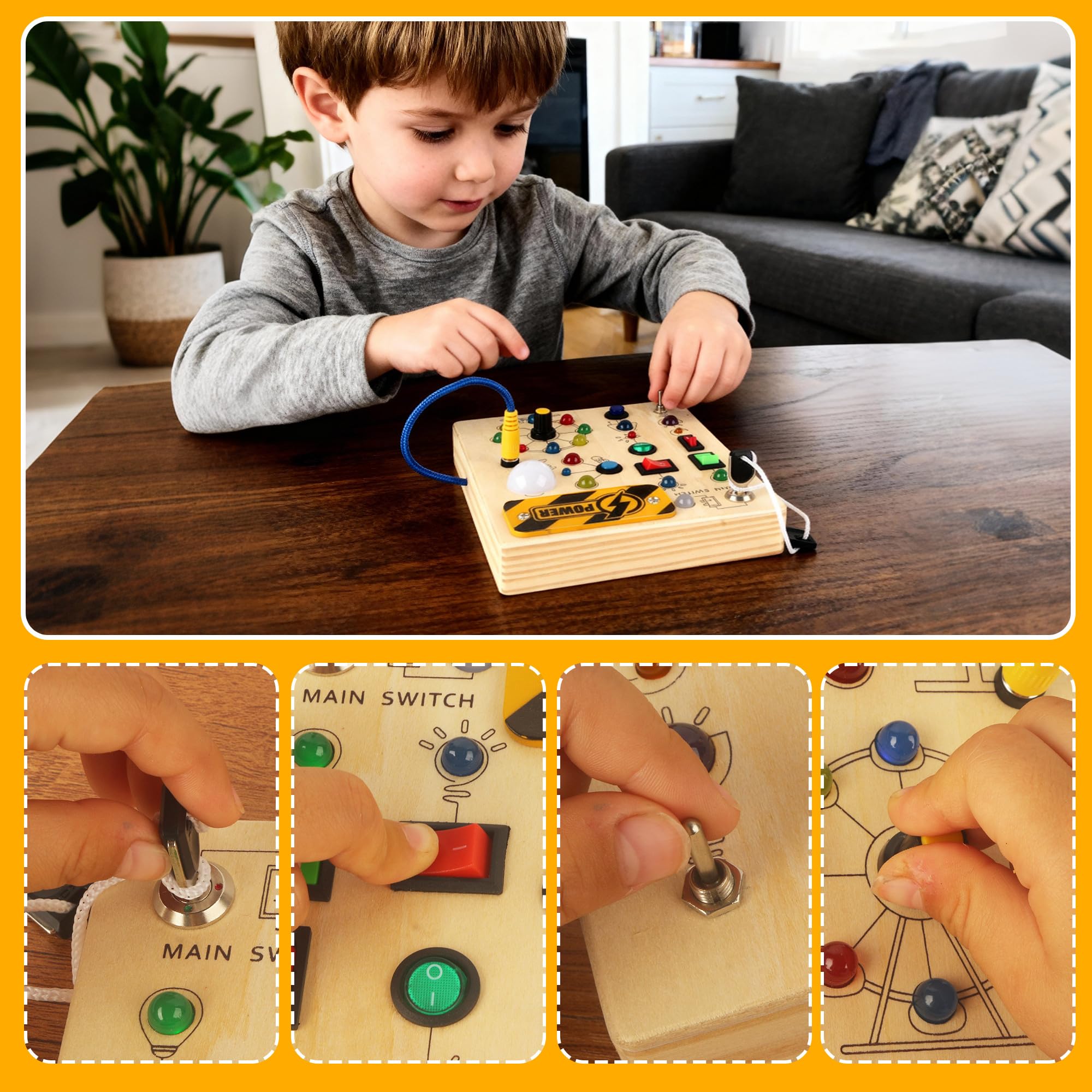 Busy Board Montessori 1 2 3 Ans, Tableau d’Activités en Bois avec 10 Interrupteurs et 19 LED, Jouet Sensoriel Motricité Bébé, Planche Montessori, Cadeau Enfant Garçon Fille