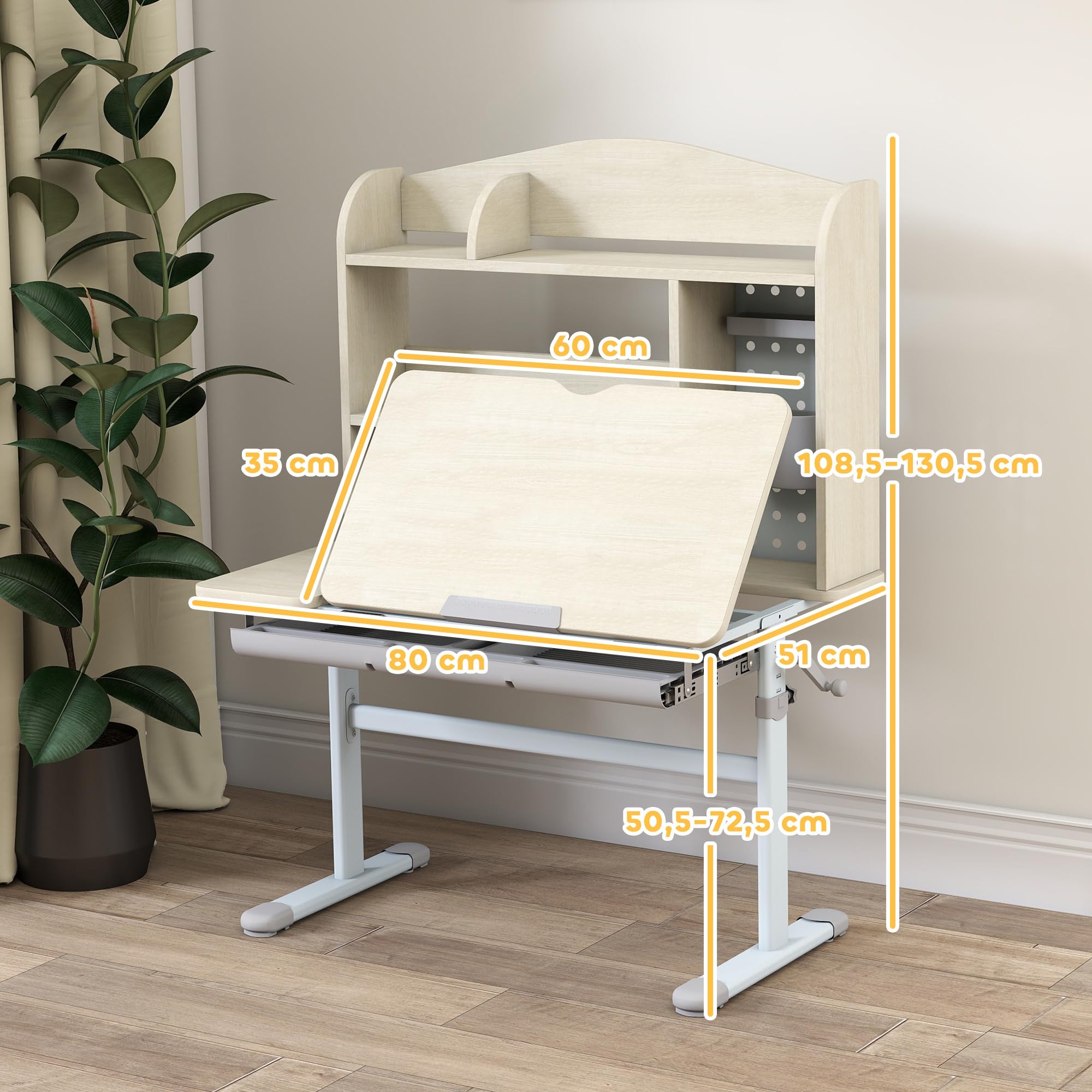 AIYAPLAY Bureau pour Enfants, Table d'étude réglable en Hauteur avec Plateau inclinable, Rangement, Panneau perforé, 3-12 Ans, Naturel