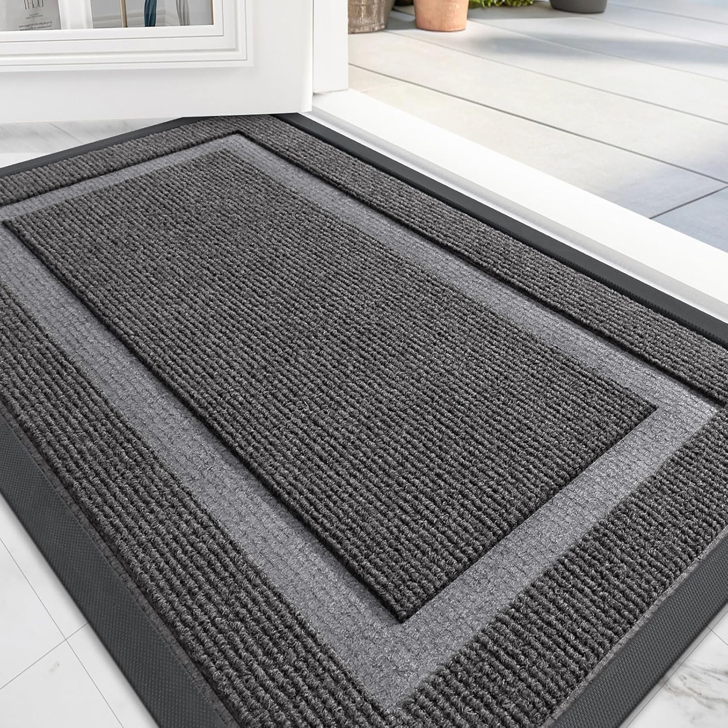 OLANLY Front Door Mat Indoor Outdoor Entrance, Waterproof All-Season, All-Weather Doormat, Sturdy Natural Rubber, Fade Resistant, Low Profile, Easy Clean Patio Porch Entryway Mat, 58x23, Dark Grey