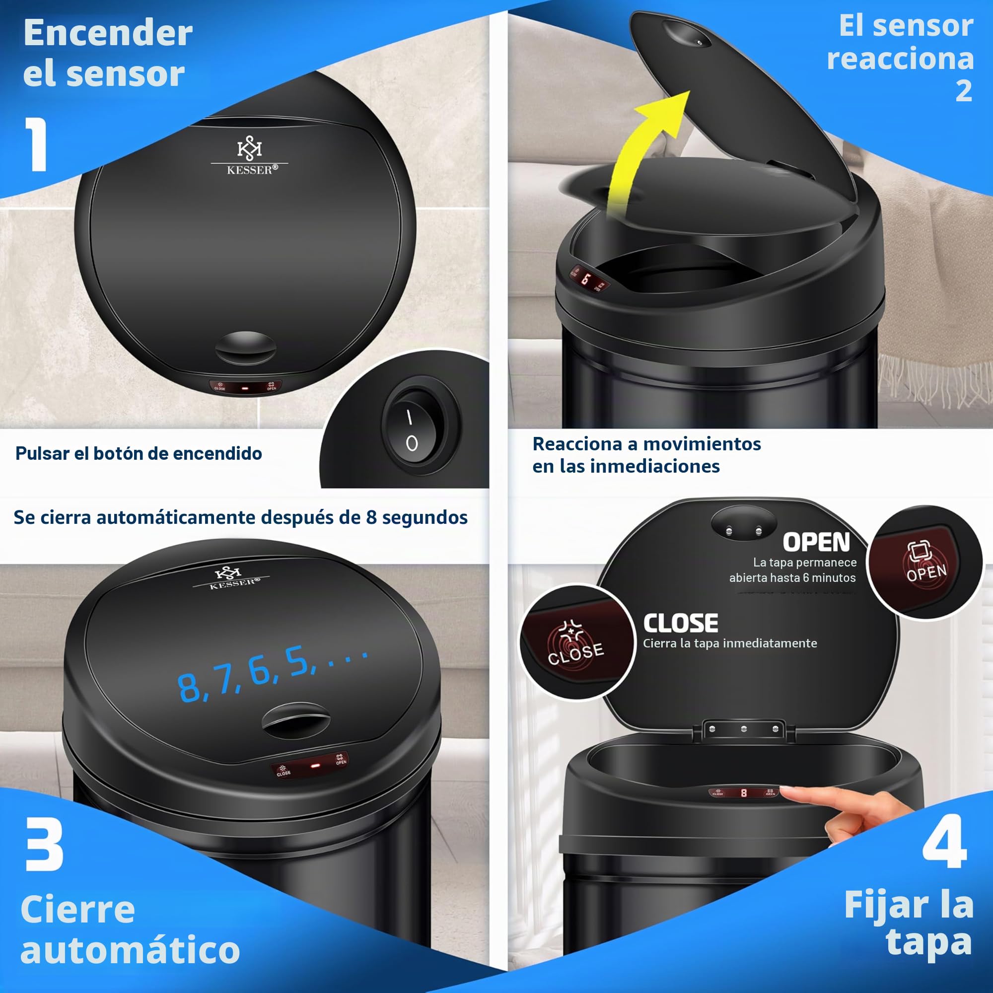 KESSER® Cubo de basura con sensor ✓ Automático ✓ Papelera de basura ✓ Basura | ACERO INOXIDABLE | Color: NEGRO | Tamaño: 30 L