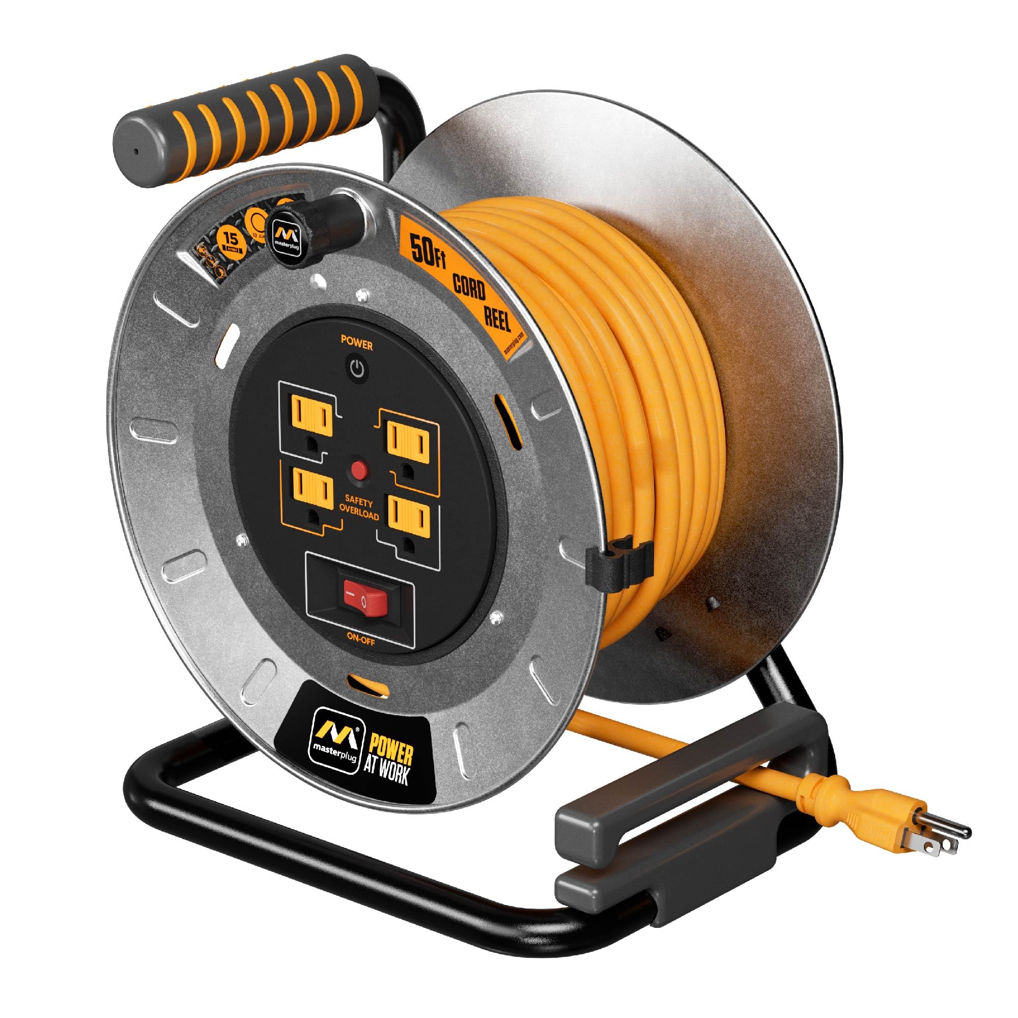 Masterplug 50ft Cord Reel, Metal Steel Cable Drum, Retractable Extension Lead with Winding Handle, Safety Overload Circuit Breaker and Power Switch, 4x Grounded Outlets, 15amps, 12AWG Cable
