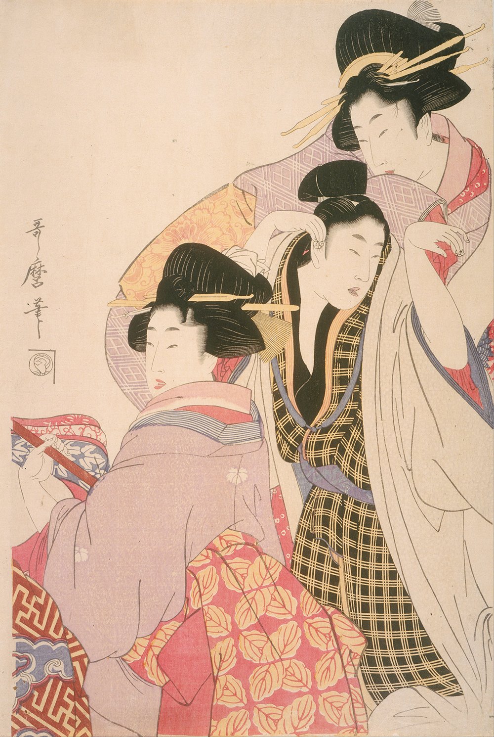 Cuadro Utamaro de dos geishas impreso en papel matte con elegante marco marrón