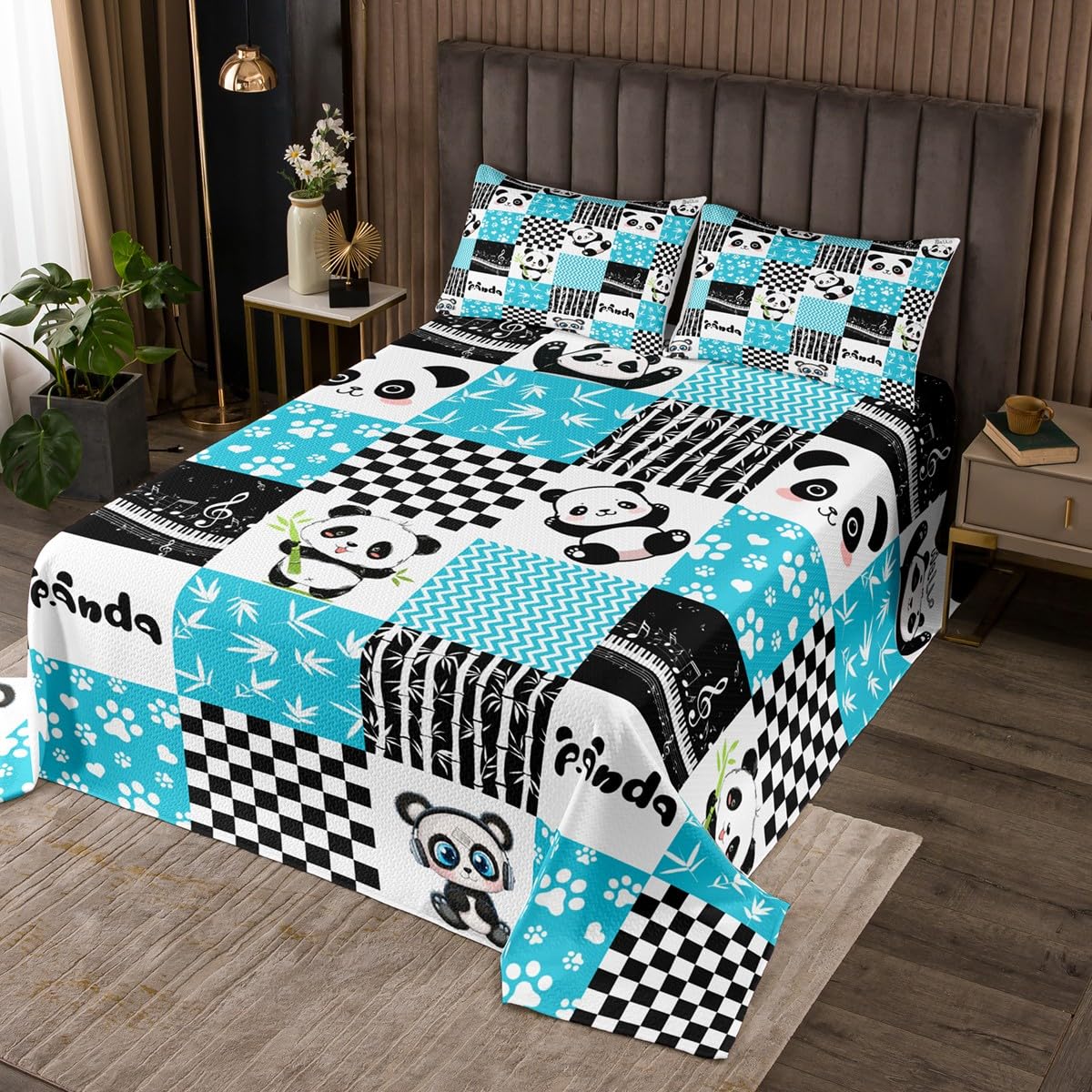 Manfei Cute Panda Bedspread King Size Bamboo Leaf Musical Note Paw Print Coverlet Set 3pcs for Kids Boys Girls Black White Blue Plaid Print Quilted Coverlet Animal Bedding Quilt with 2 Pillowcases
