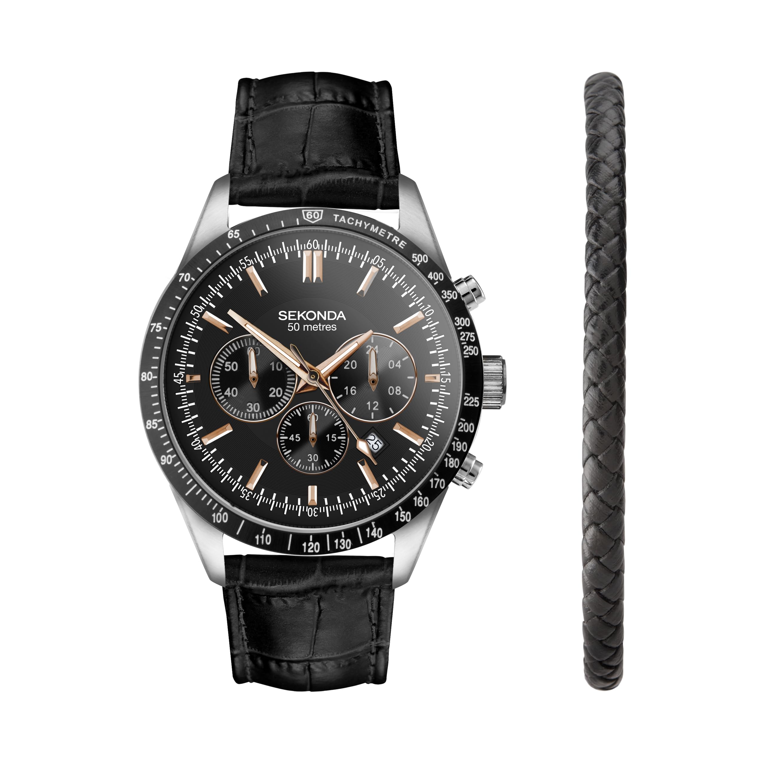Sekonda Mens Velocity Black Leather Strap With Black Dial Chronograph Watch Gift Set