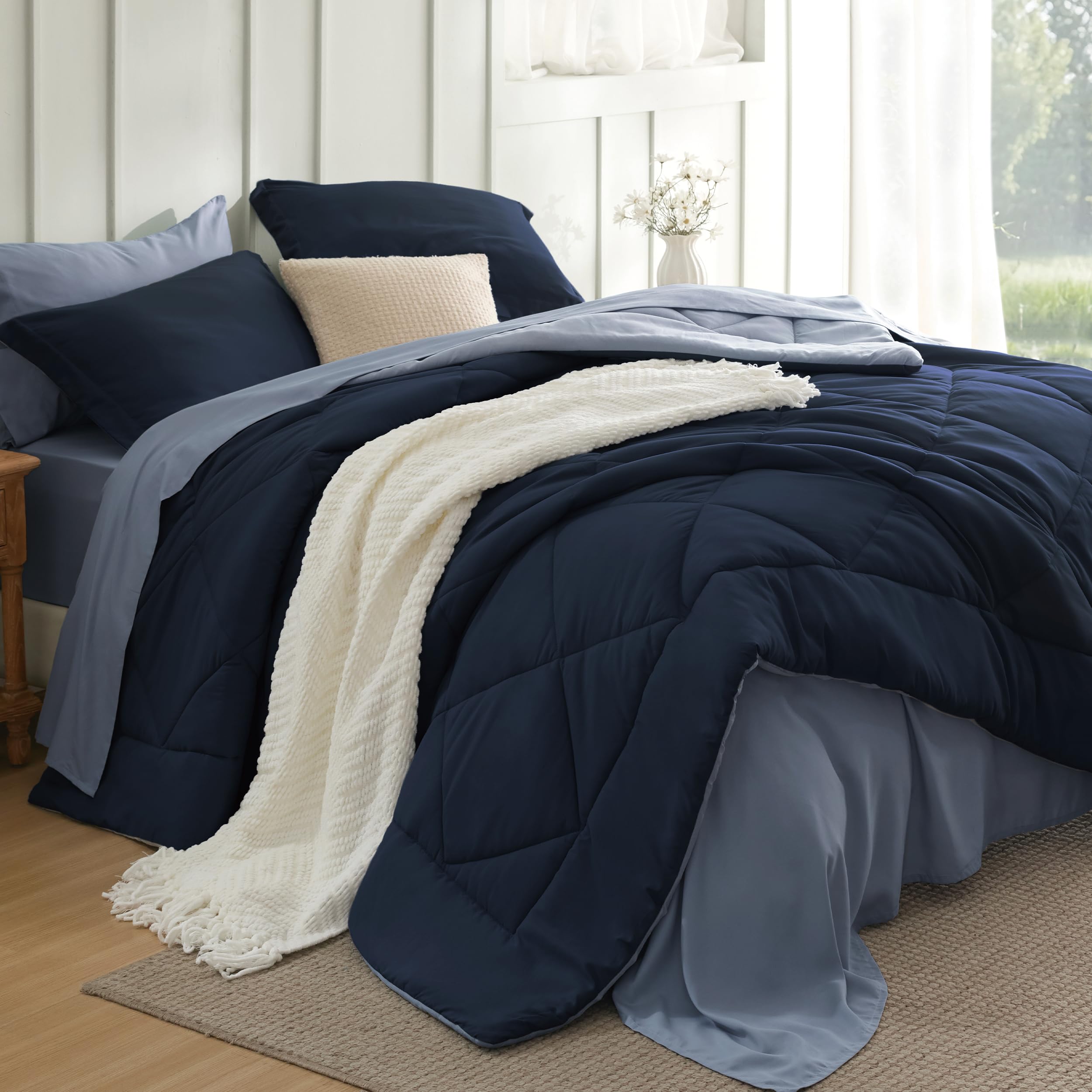 Bedsure Queen Bed in a Bag Reversible Bed Set 7 Pieces Navy Blue/Sky Blue
