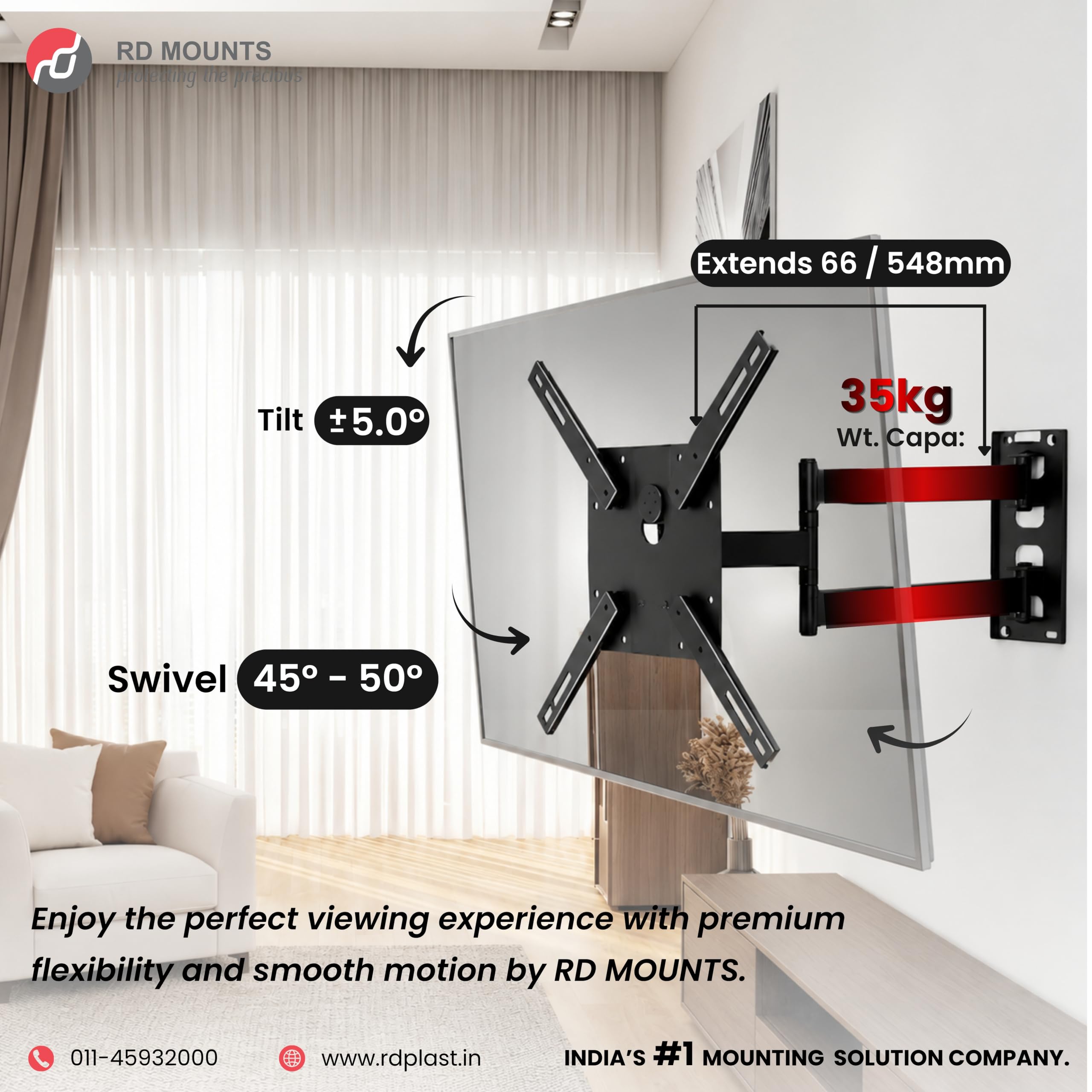 RD MOUNTS Classic Swivel & Tilt TV Wall Mount for 40-55 Inch LED, LCD, QLED & OLED TVs, Heavy Duty Cantilever Articulating Adjustable Wall Bracket, Compatible with Sony, LG, Samsung & More, RW 9844-1 1