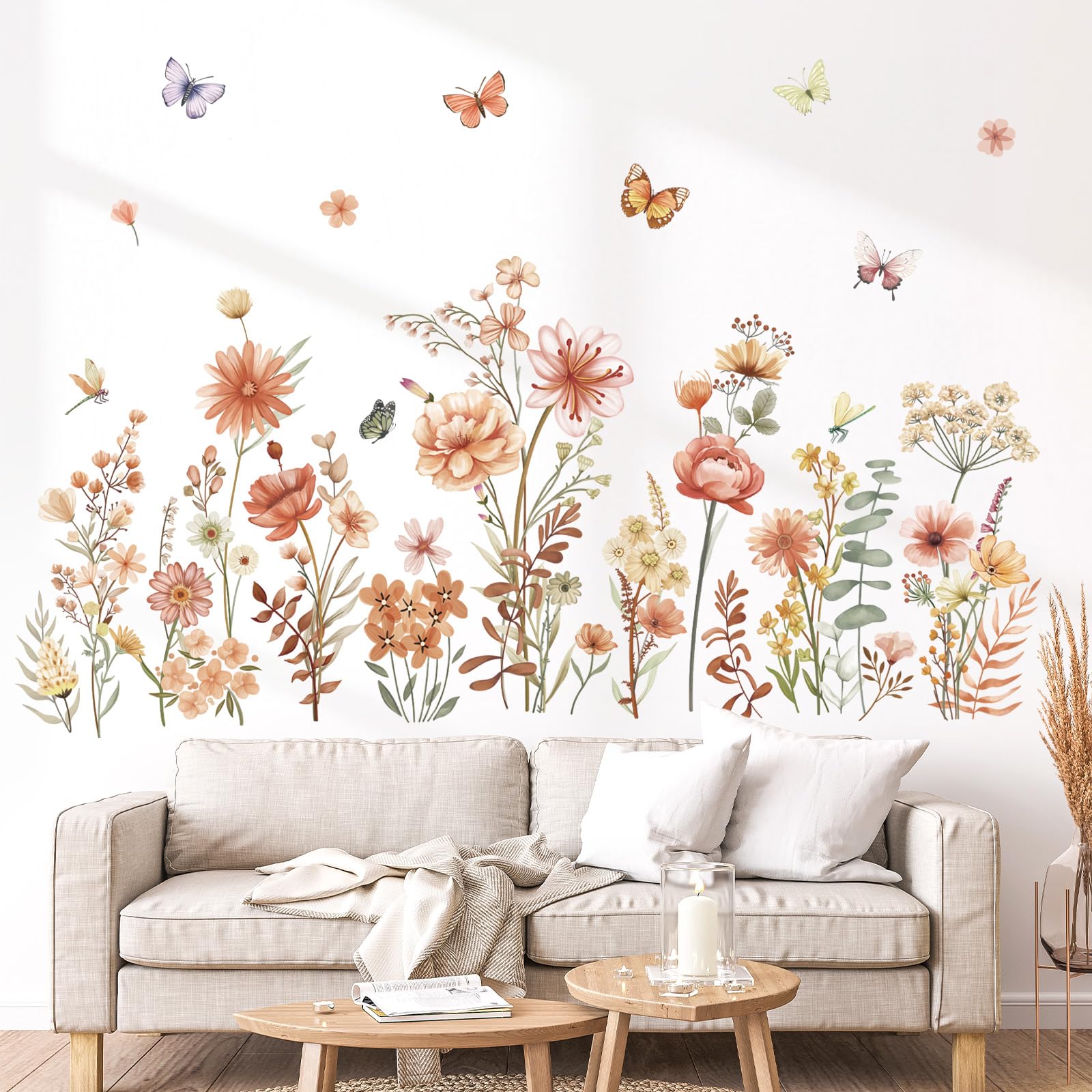 wondever Boho Wildflower Wall Stickers Garden Flowers Grass Peel and Stick Wall Art Decals for Living Room Girls Room Bedroom