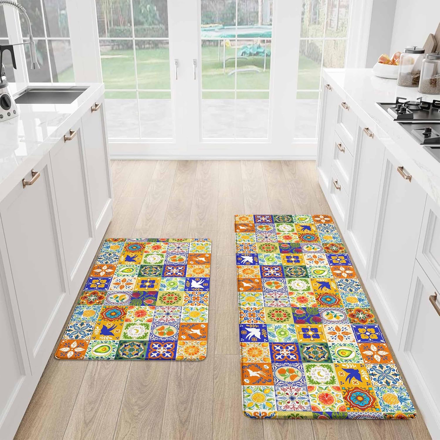 Rexful Colorful Mediterranean Tile Kitchen Rug Runner and Mat Set 2 PCS Non-Slip Washable Floor Mats Yellow Blue Orange Patchwork Pattern Kitchen Decor Mat (Green, 47''×17.3''+29''×17.3'')