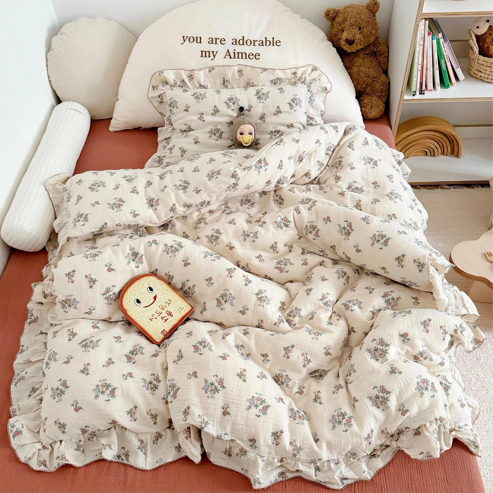 BuLuTu Shabby Chic Floral Toddler Duvet Cover with Ruffles, No Pillows