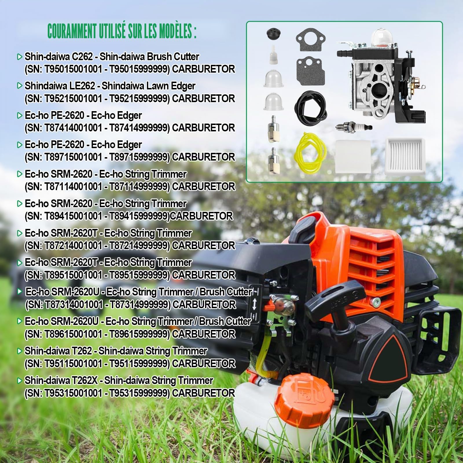 Kit de carburateur SRM 2620 pour débroussailleuse et taille-bordures Echo SRM-2620 SRM-2620T PPT-2620 PB-2620, A021004600 A021004601 26X Carburateur pour pièces de coupe-bordures et débroussailleuse