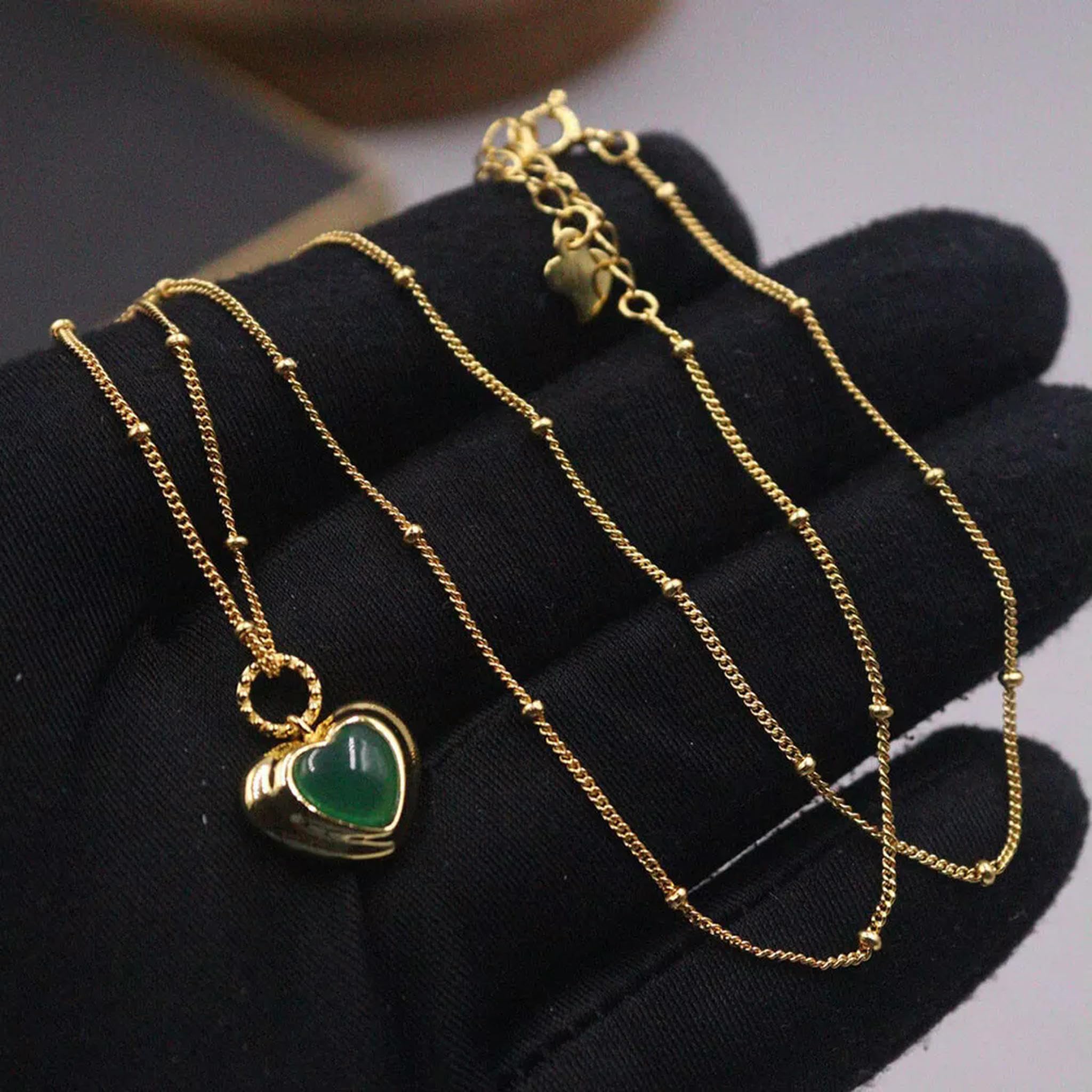 Collier en Argent véritable S925 avec Pendentif en Forme de cœur en Agate Verte