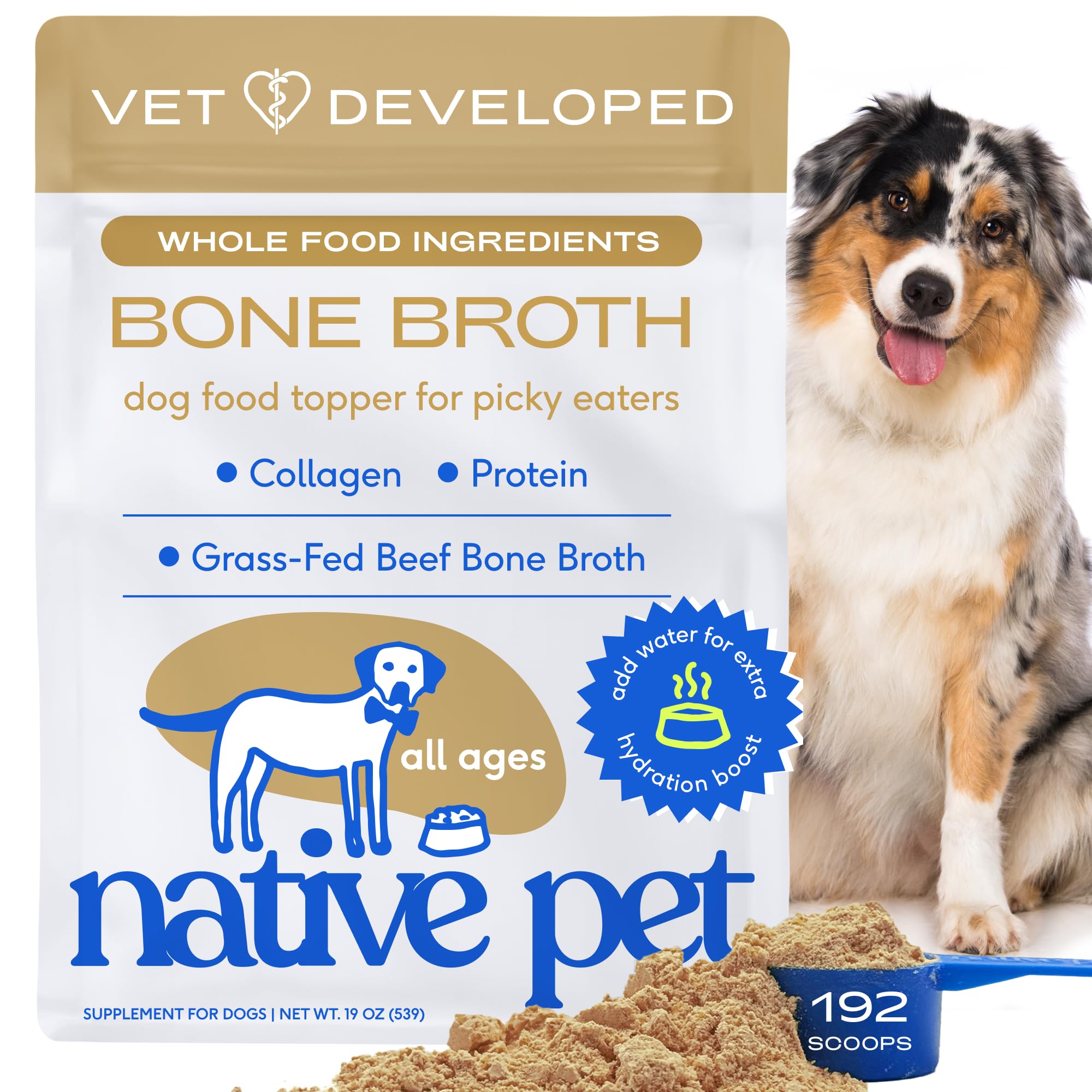 Native PetBone Broth for Dogs and Cats - Made with Real Beef Bone Broth, Dog Food Toppers for Picky Eaters- Provides Extra Hydration & Nutrition for Joint Strength, Immunity & Heart Health-192 Scoops