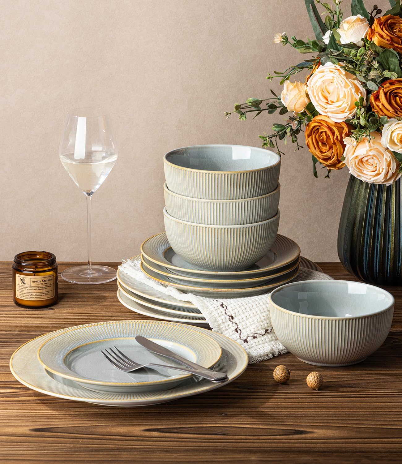 TheTerra Stoneware Dinnerware Sets for 4, 12 Pieces Ceramic Plates and Bowls Sets, Scratch Resistant Embossed Dish Set, Oven, Microwave & Dishwasher Safe, Desert Sage