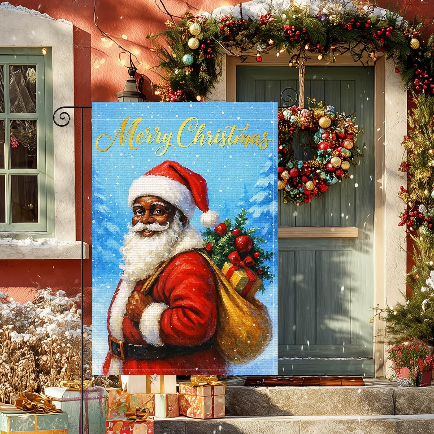 Merry Christmas Santa Garden Flag Double Sided 12x18 Inch Burlap Winter Garden Flag Santa with Gifts Seasonal Banner for Indoor and Outdoor Decoration Yard Lawn Decor - Image 2