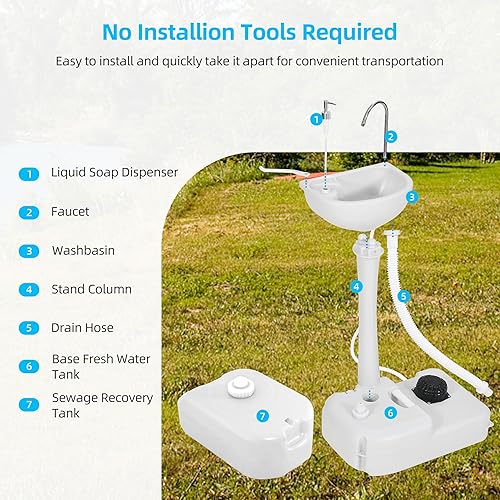 Miniatura 4 de YITAHOME Fregadero portátil para acampar, estación de lavado de manos, soporte de lavabo de 17 L con tanque de recuperación de 24 L, ruedas