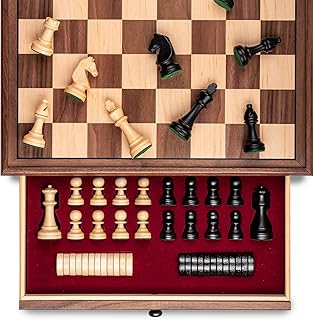A&A 15 inch Walnut Wooden Chess Sets with Storage Drawer