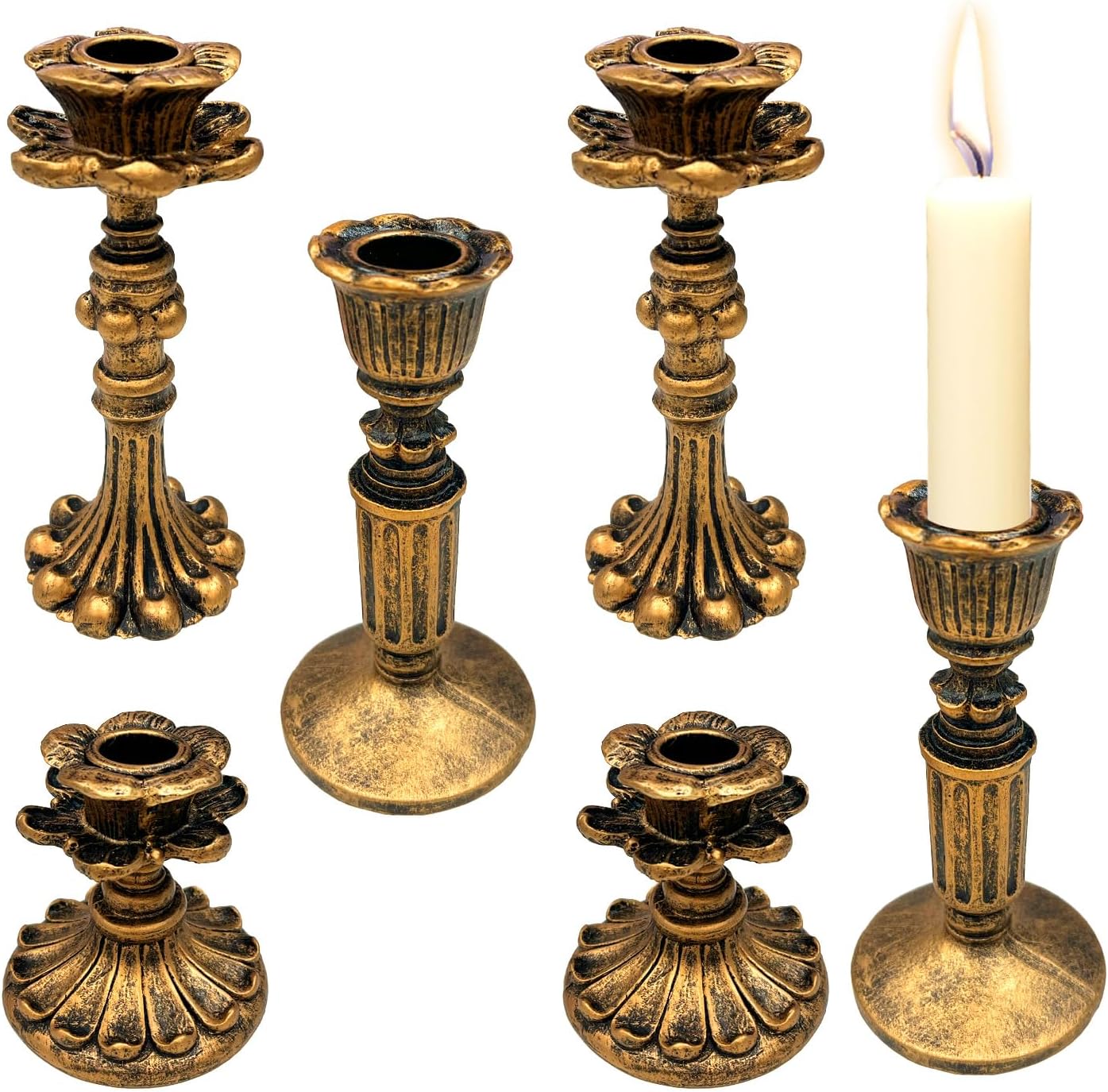 GEMLORD 6 Pcs Vintage Candlestick Holders for Taper, Resin Candle Holder Retro Antique Bronze Candle Holder for Wedding Party Anniversary Table Fireplace Home Decoration (3 Style)