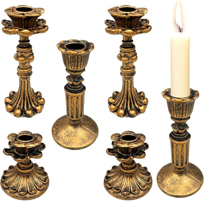 GEMLORD 6 Pcs Vintage Candlestick Holders for Taper, Resin Candle Holder Retro Antique Bronze Candle Holder for Wedding Party Anniversary Table Fireplace Home Decoration (3 Style)