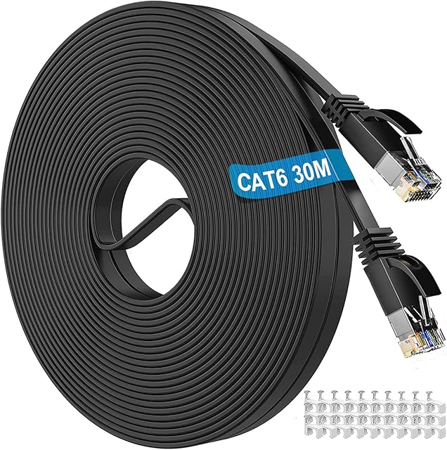 Cat 6 Ethernet Cable 30m, Long Internet Cable Flat Gigabit Network Cable High Speed 10/100/1000Mbps LAN Cable, Black Slim RJ45 Patch Cord Compatible with Cat5/Cat6a for Switch Router Modem (30 Clips)
