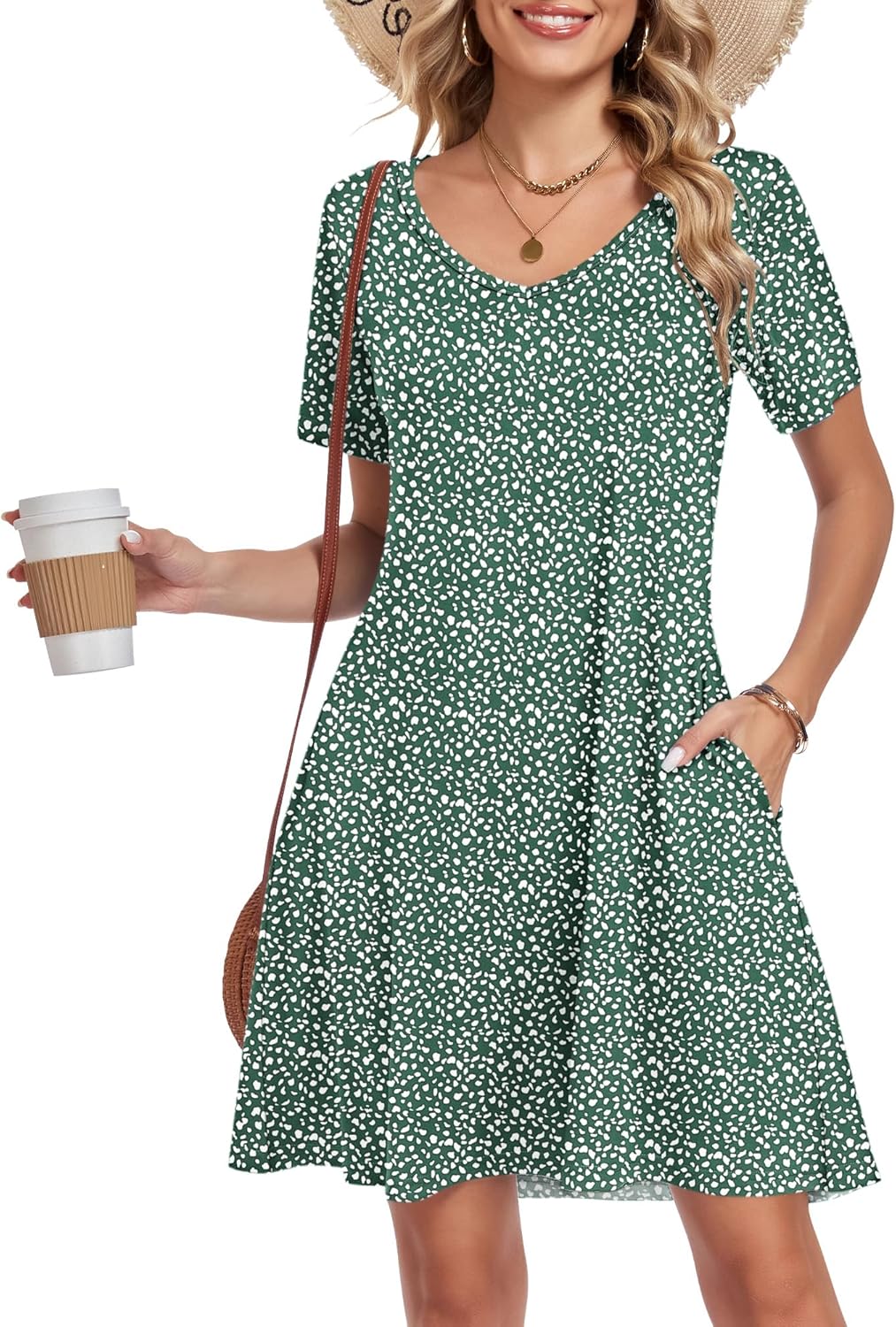 AUSELILY Tshirt Dress Women Swing Floral Short Sleeve V Neck Vacation Beach Mini Dress with Pockets - Image 2