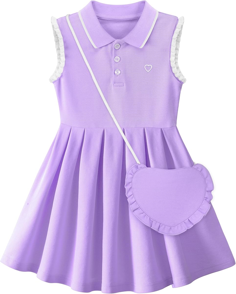 Cubear Toddler Girls Athletic Dress Tennis Golf Ruffle Sleeveless Dress with Heart Bag Polo Collar A-Line Sundress