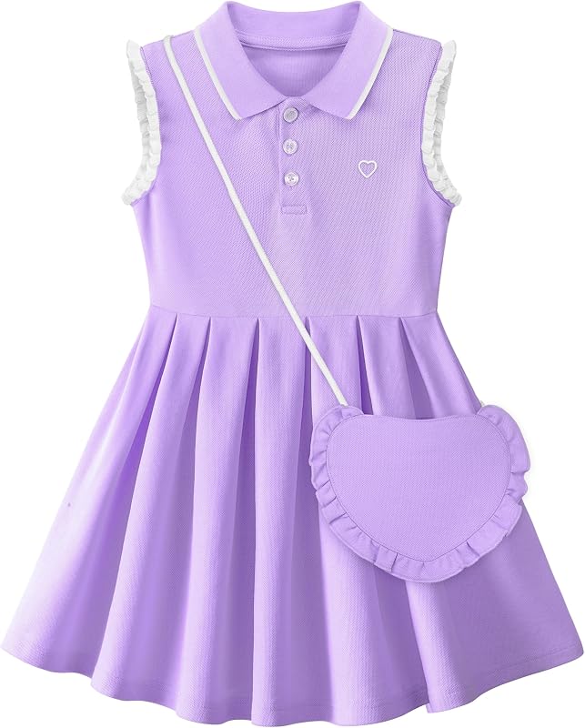Cubear Toddler Girls Athletic Dress Tennis Golf Ruffle Sleeveless Dress with Heart Bag Polo Collar A-Line Sundress