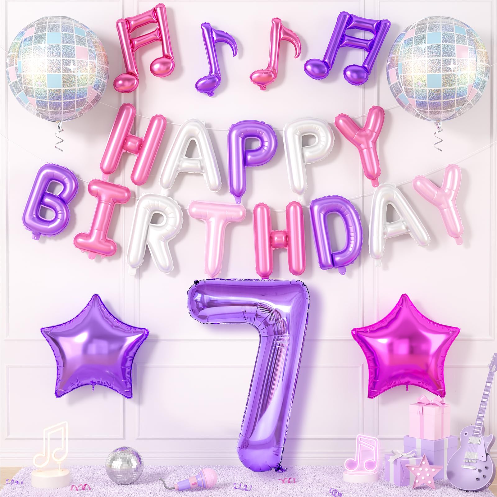 7th Pink Purple Birthday Decorations for Girls, Happy Birthday Balloon Banner Number 7 Balloon Music Note Disco Ball Star Balloons for Music Theme Birthday Party Decorations