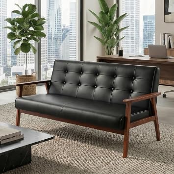 JIASTING Mid-Century Modern Solid Loveseat Sofa Upholstered Faux Leather Couch 2-Seat Wood Armchair Living Room/Outdoor Lounge Chair, Waiting Room Sofa, 50W
