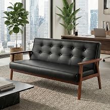 Mid-Century Modern Solid Loveseat Sofa Upholstered Fabric Couch 2-Seat Wood Armchair Living Room/Outdoor Lounge Chair, 50W