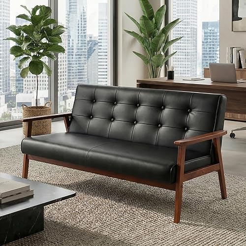 JIASTING Mid-Century Modern Solid Loveseat Sofa Upholstered Faux Leather Couch 2-Seat Wood Armchair Living Room/Outdoor Lounge Chair, Waiting Room Sofa, 50”W