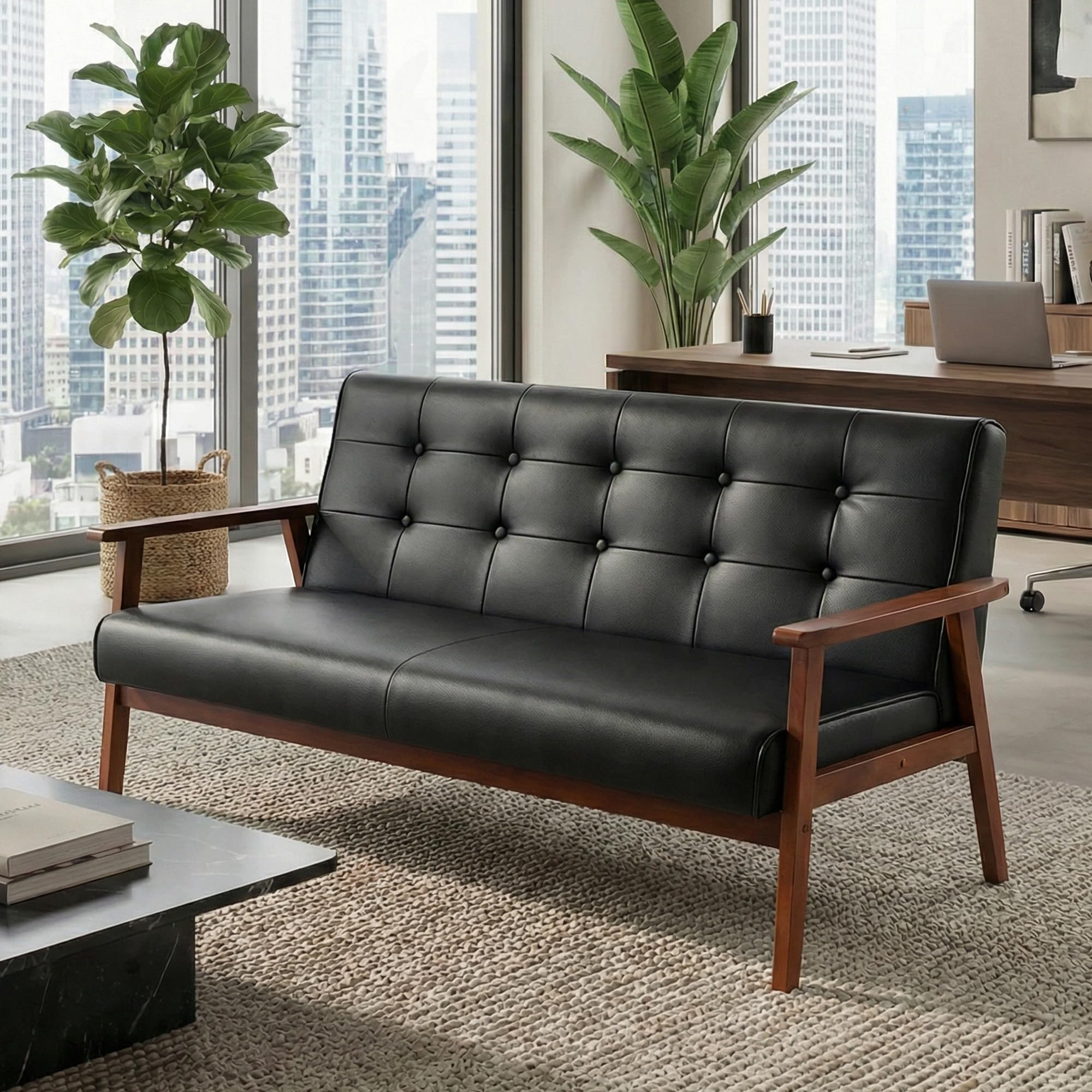 Mid-Century Modern Solid Loveseat Sofa Upholstered Faux Leather Couch 2-Seat Wood Armchair Living Room/Outdoor Lounge Chair, Waiting Room Sofa, 50”W