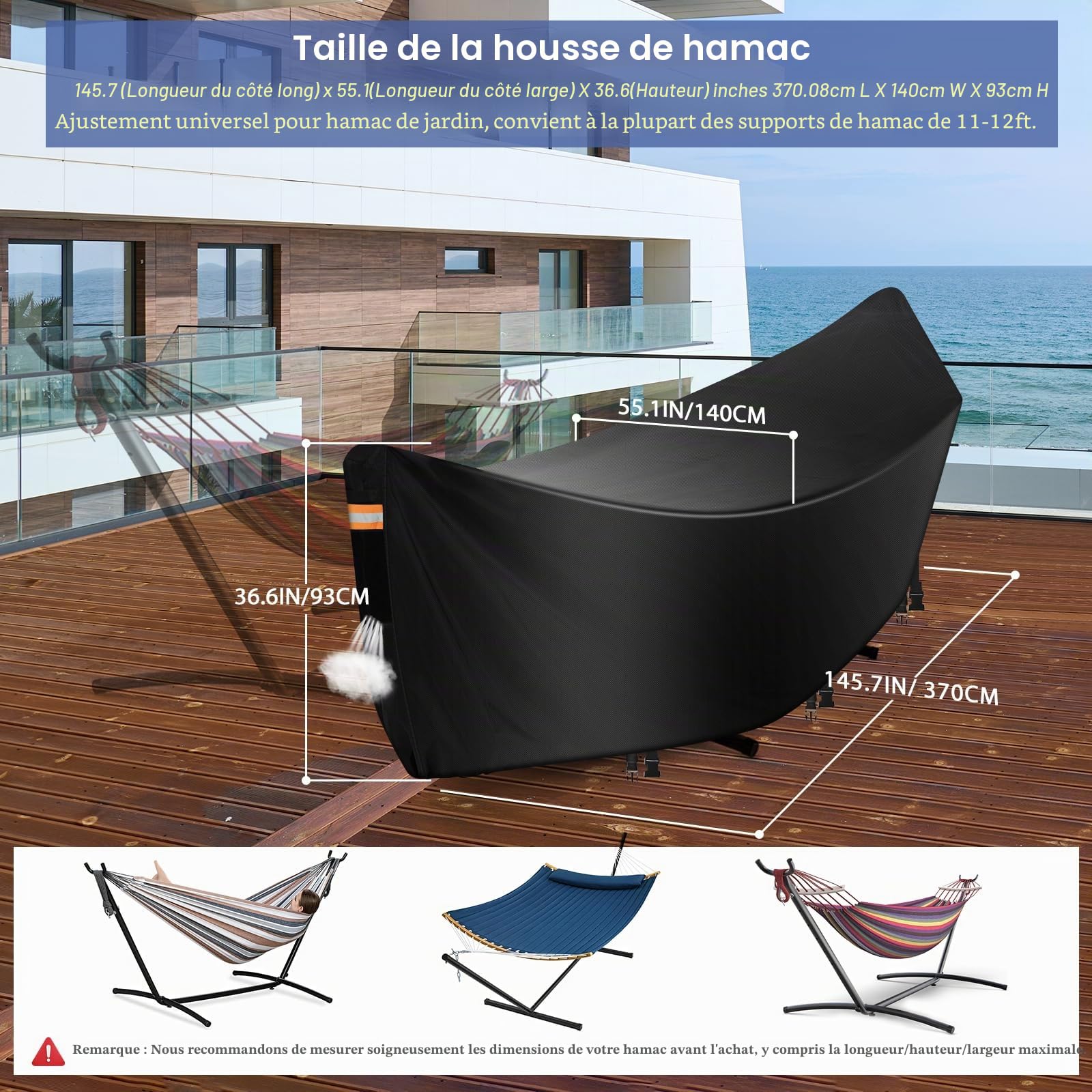 Housse de hamac imperméable, housses de hamac robustes 420D pour l'extérieur, housse de protection anti-poussière pour hamac respirante avec ouverture d'aération, bande imperméable, 3 boucles
