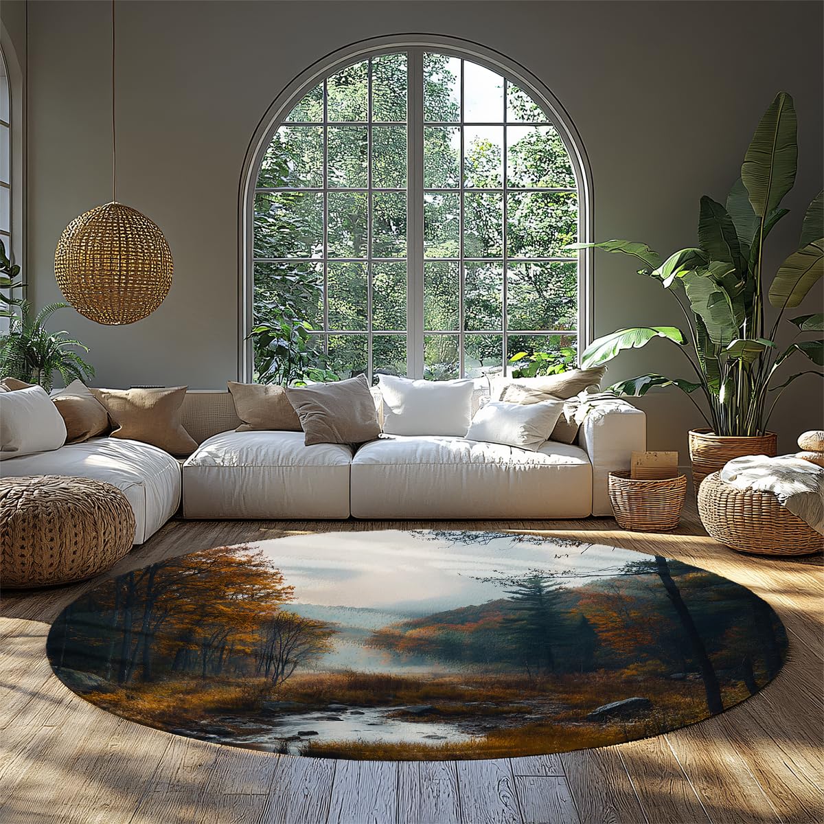 Tapis rond 180cm forêt d'automne rust-orange et slate-blue pour salon