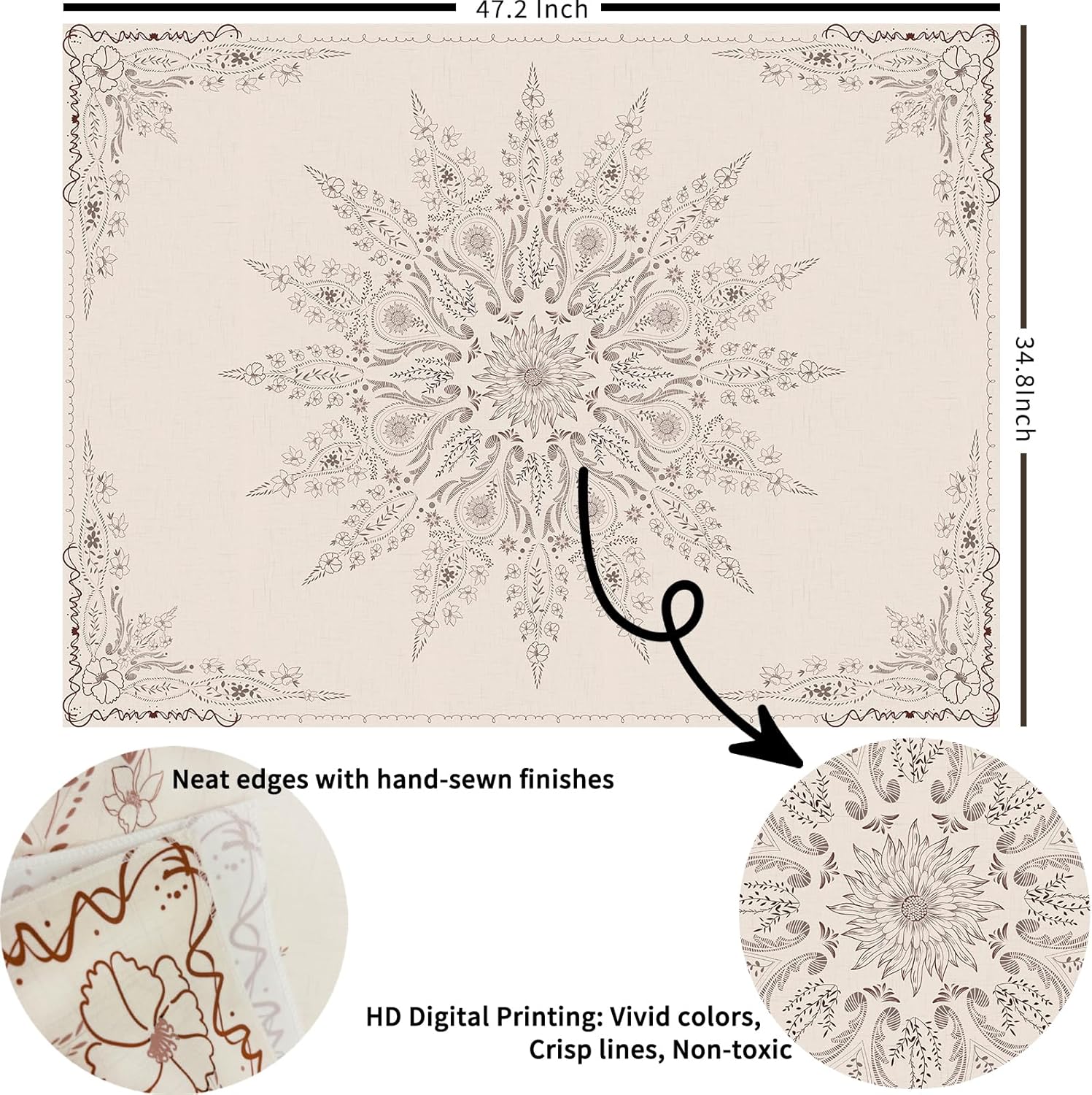 Damanse Floral Tapestry Wall Hanging Cute,Boho Wall Tapestry for Bedroom Aesthetic,Mandala Living Room Decor for Teen Girls (Flaxen, 34.80" x 47.20")