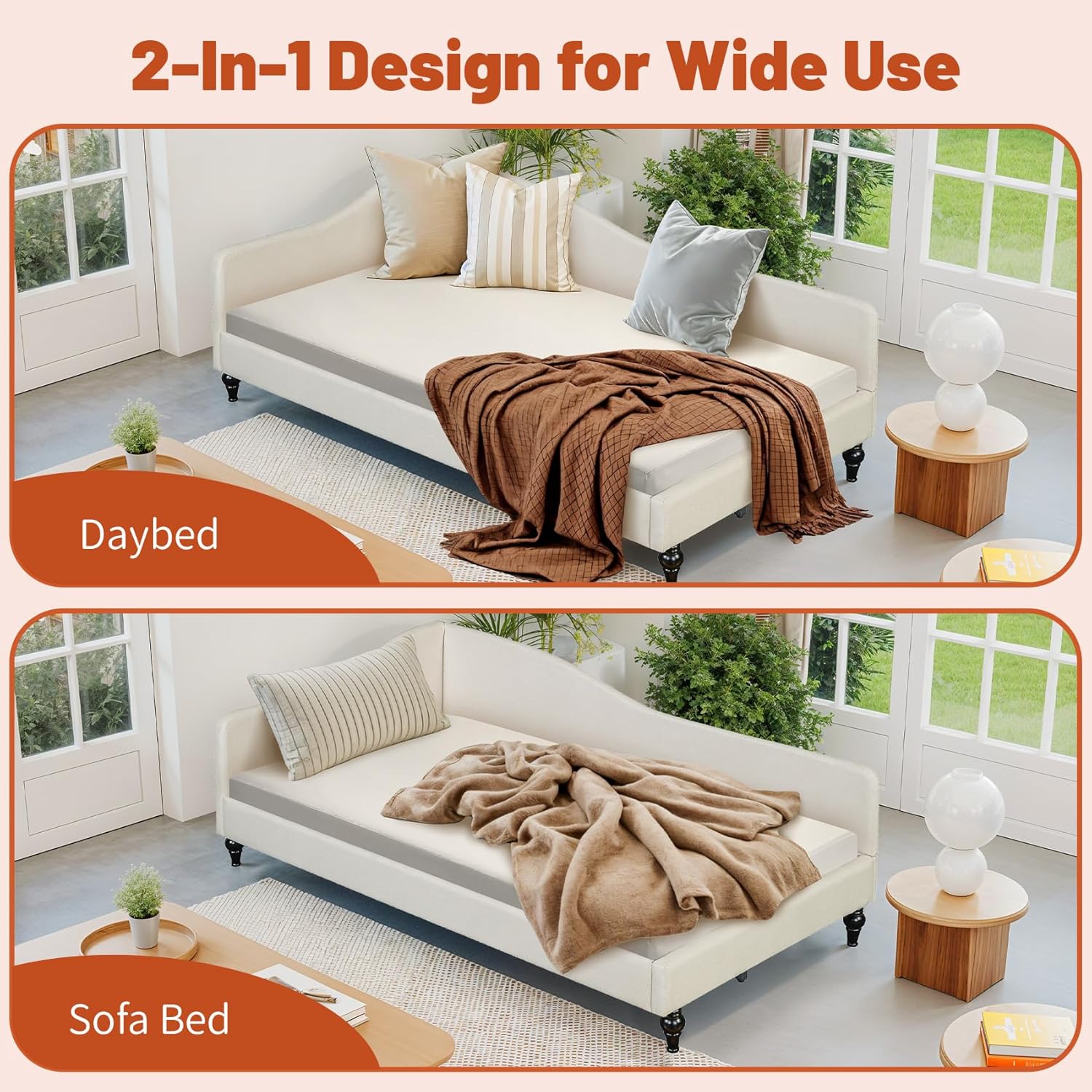 Twin Size Upholstered Daybed L-Shaped Linen Sleeper Sofa Bed with Solid Wood Legs Corner Day Bed Frame for Living Room Bedroom Guestroom, Beige